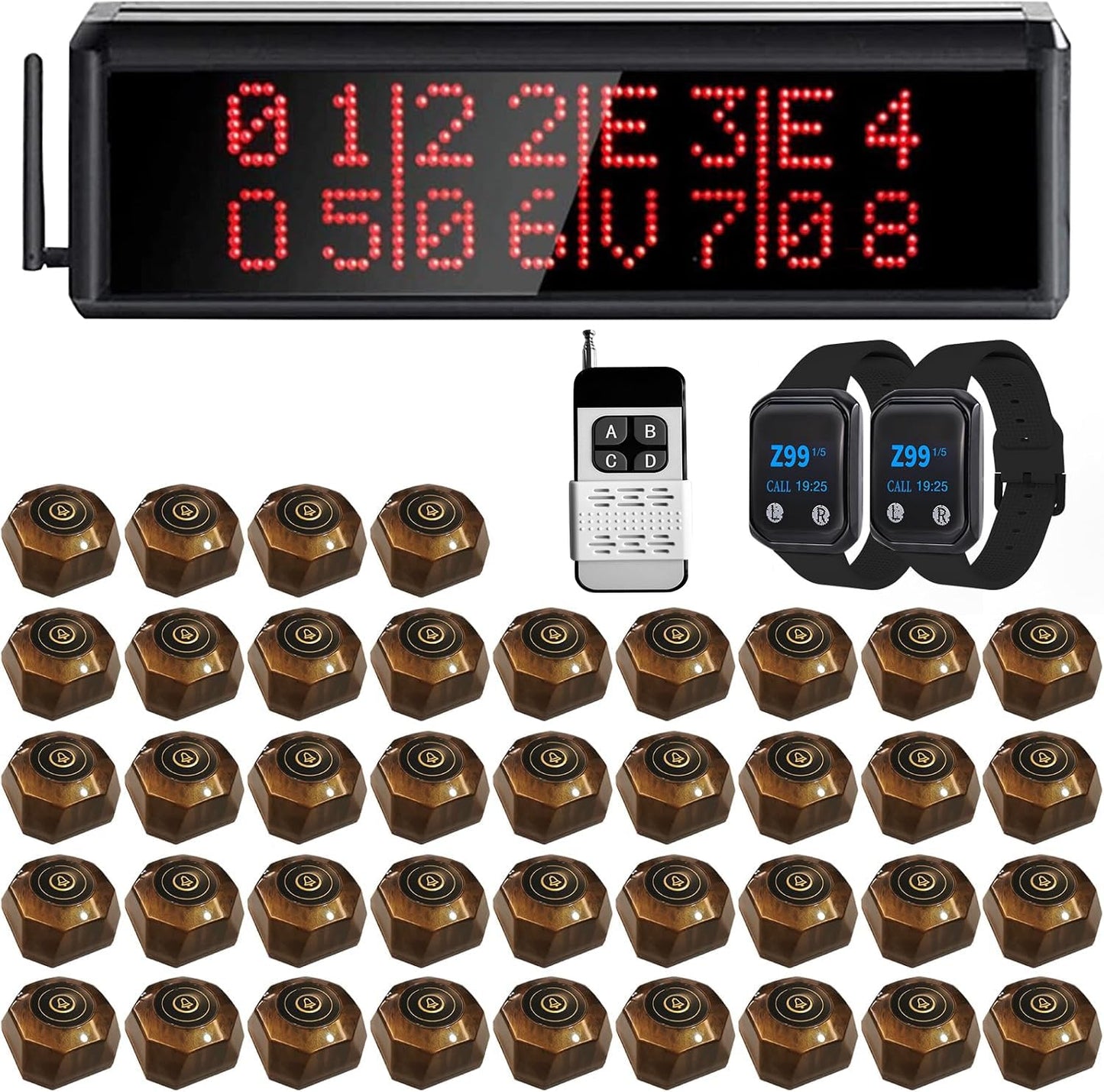 Sistema de búsqueda de restaurante sistema de llamadas inalámbricas con 1 visualización de visualización/1 control remoto/2 buscapersonas de reloj impermeables/40 botones de llamada para servidor de
