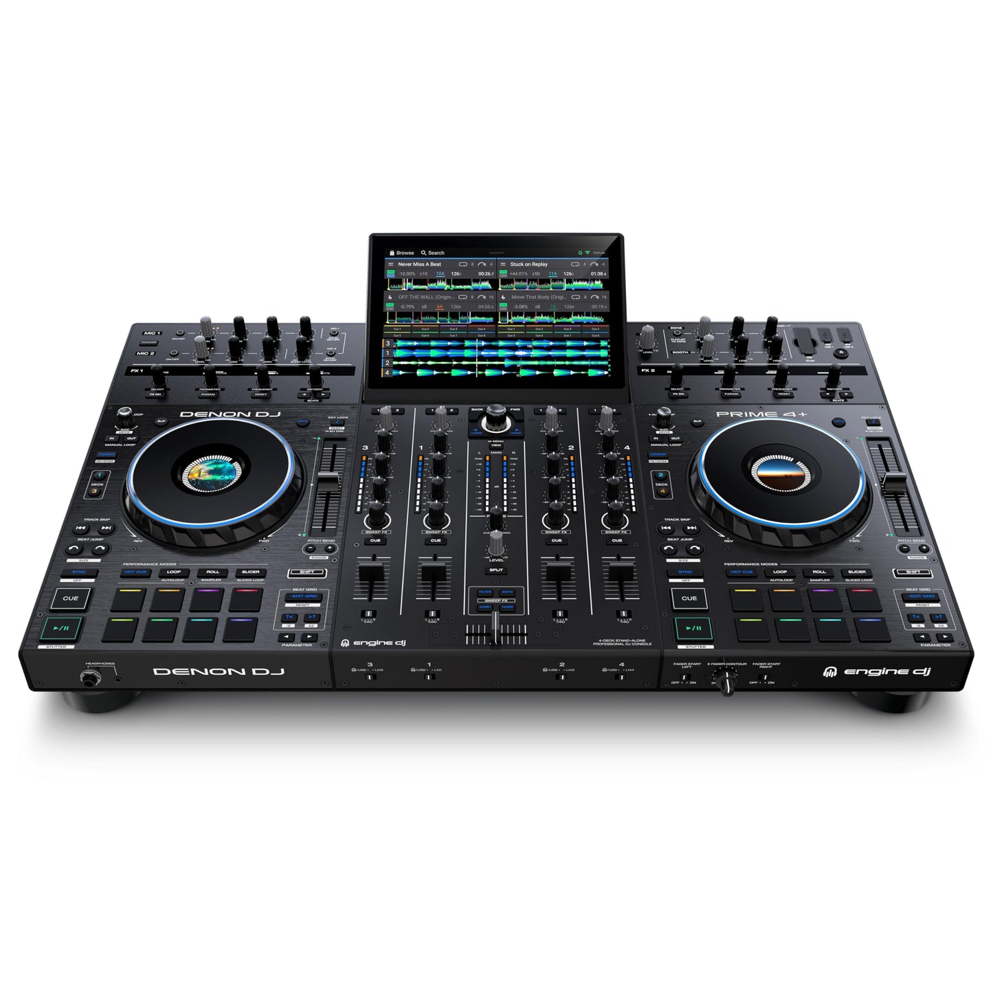 Denon DJ PRIME 4+ Controlador DJ Autónomo con Separación de Stems en 4 Decks, Streaming por WIFI, Mezclador, Pantalla Táctil 10.1", Control de Luces
