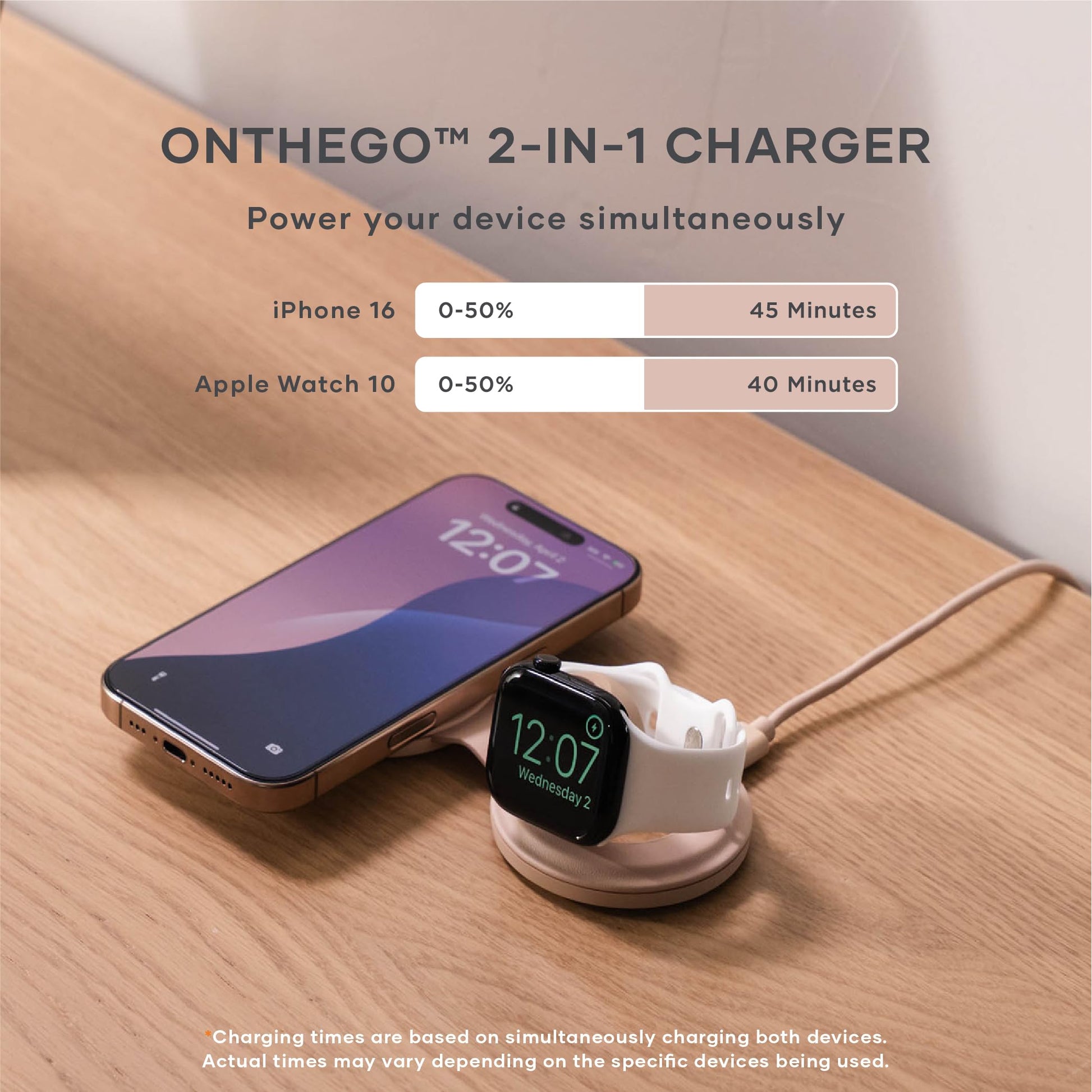 SATECHI OntheGo™ Cargador Inalámbrico 2 en 1, Cargador Portátil Qi2 con Carga Rápida de 15W para iPhone y 5W para Apple Watch, Estación de Carga Magnética de Viaje – Rosa Desierto