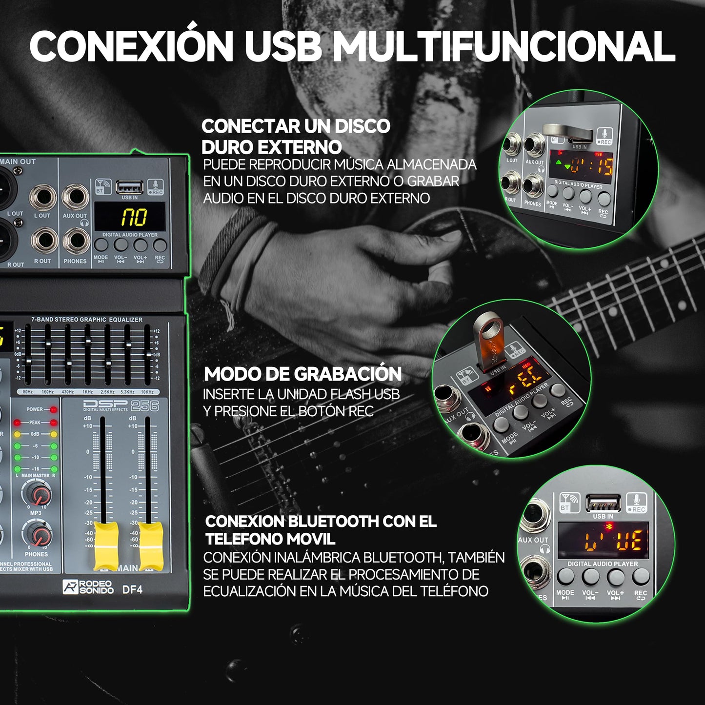 Mezcladora de Audio Rodeosonido Df4n Profesional con USB y Bluetooth