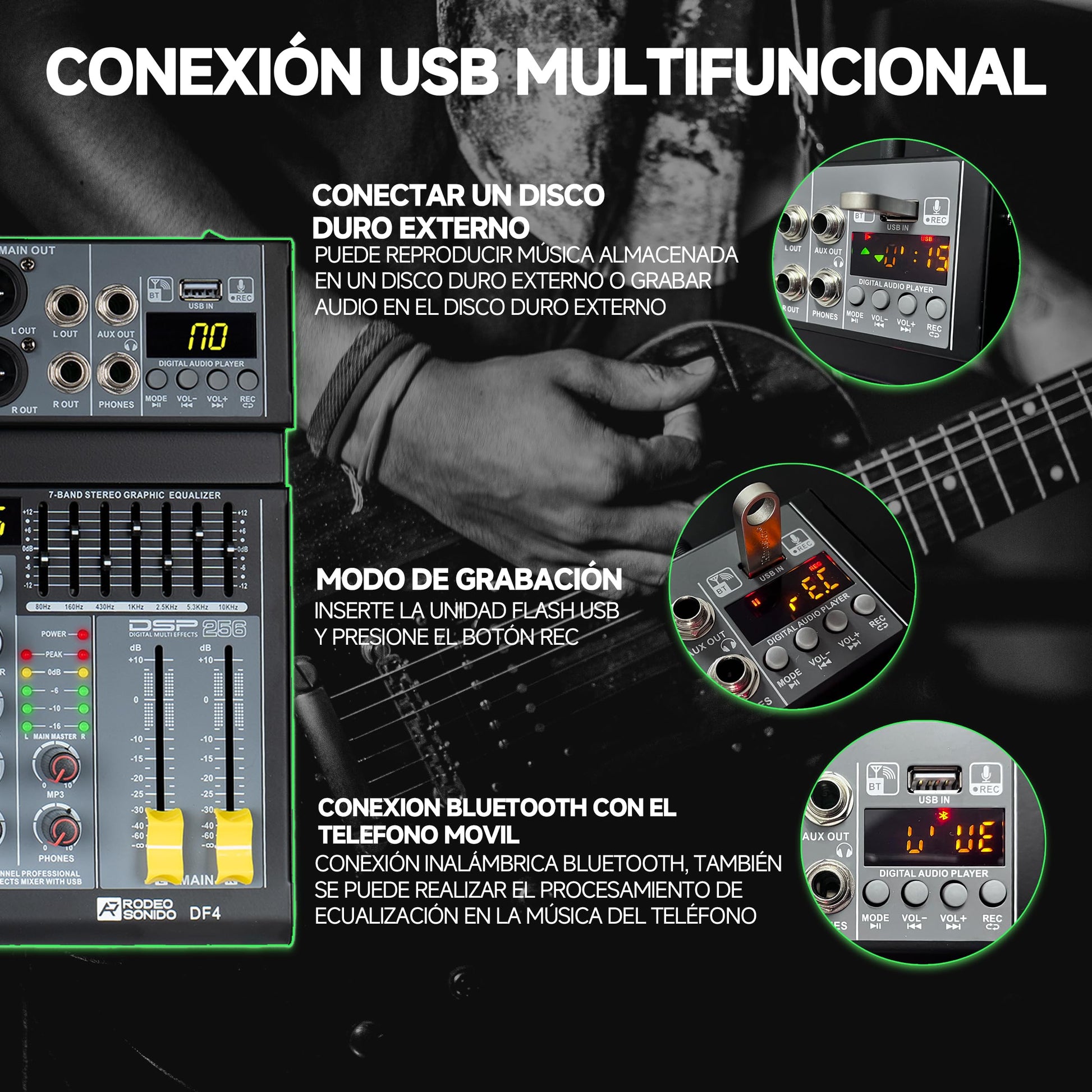 Mezcladora de Audio Rodeosonido Df4n Profesional con USB y Bluetooth