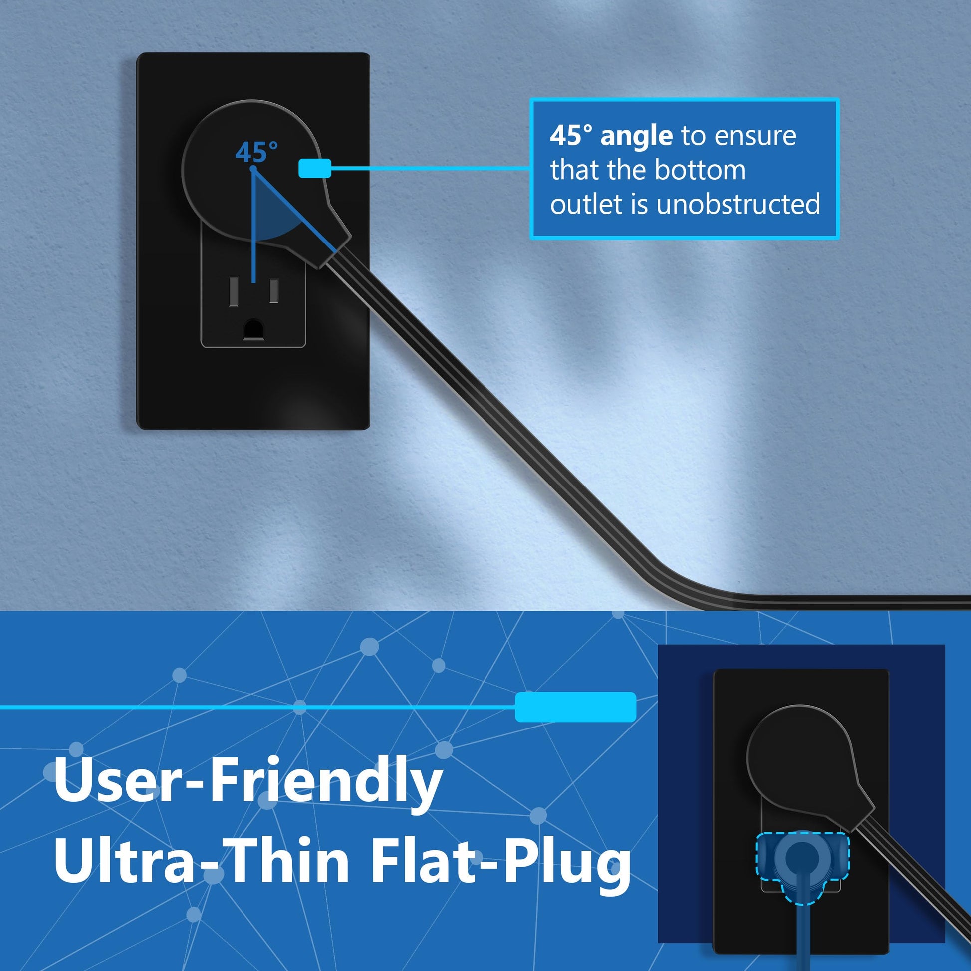 LIDER Extensor de Enchufe con 3 receptáculos, USB tipo A y 2 puertos USB tipo C, enchufe plano ultrafino con extensor de cable, regleta de 3 tomas, diseño en ángulo delgado, certificado UL, cable de