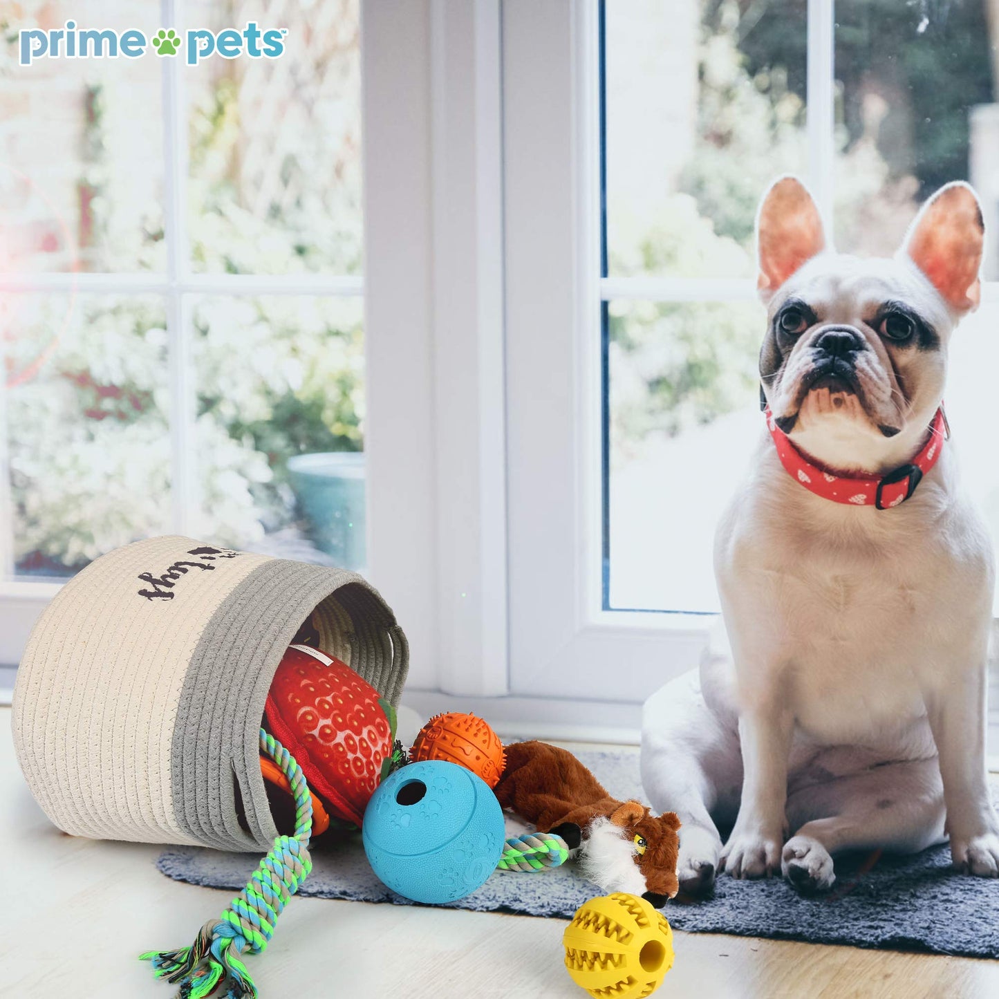 PrimePets - Cesta de juguetes de cuerda de algodón para perros, cesta pequeña con asas, contenedor de almacenamiento tela para perros, mascotas, 15 x 10 x 9 pulgadas, soporte para contenedores para