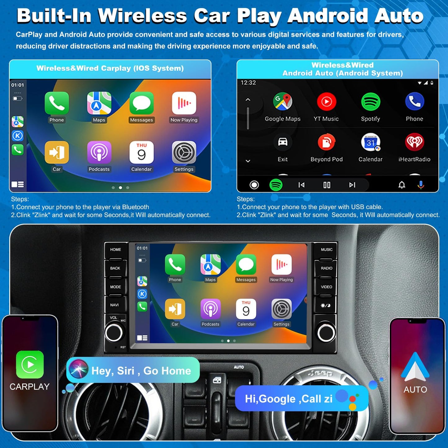 Radio de coche para Jeep Wrangler JK 2007-2017, Dodge Ram 1500/2500/3500 2009-2012, Dodge Avenger 2008-2014, Jeep Compass Patriot 2009-2016, visualización táctil estéreo, inalámbrico CarPlay Bluetooth