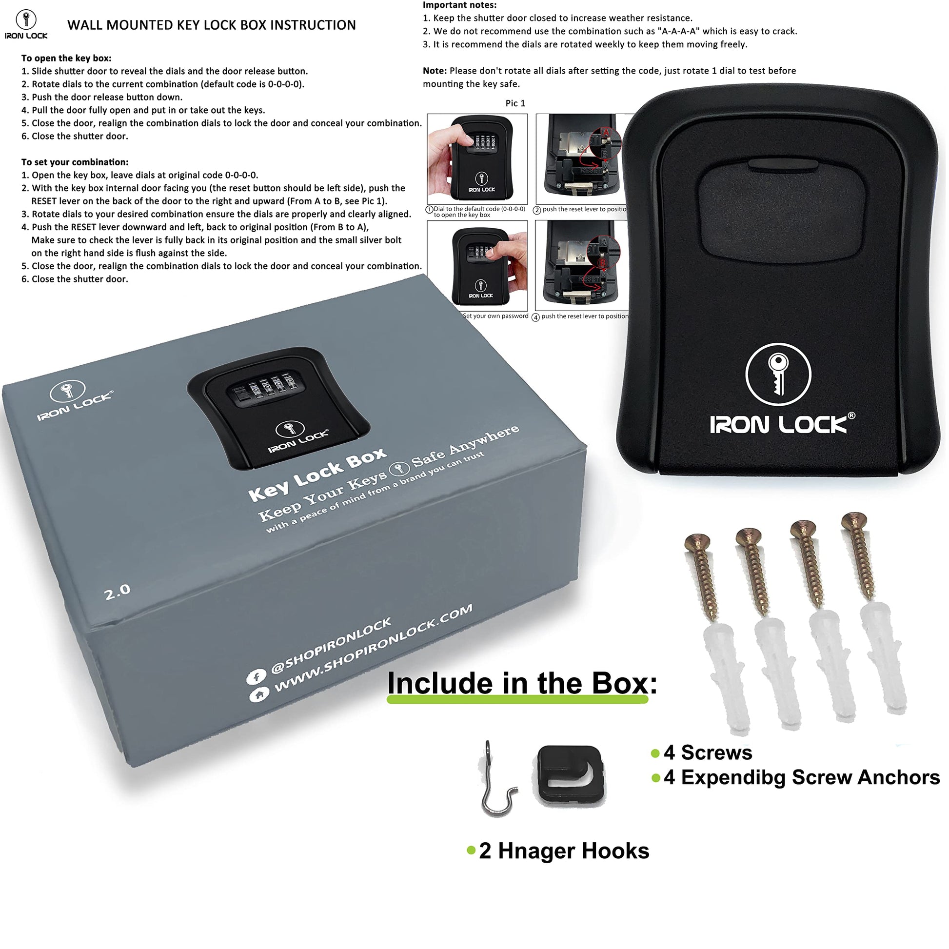 Iron Lock® - Caja de bloqueo de llaves para llaves de 4 dígitos combinación con código reajustable con interruptor A B para interiores y exteriores, impermeable, para llaves de casa de repuesto, 5