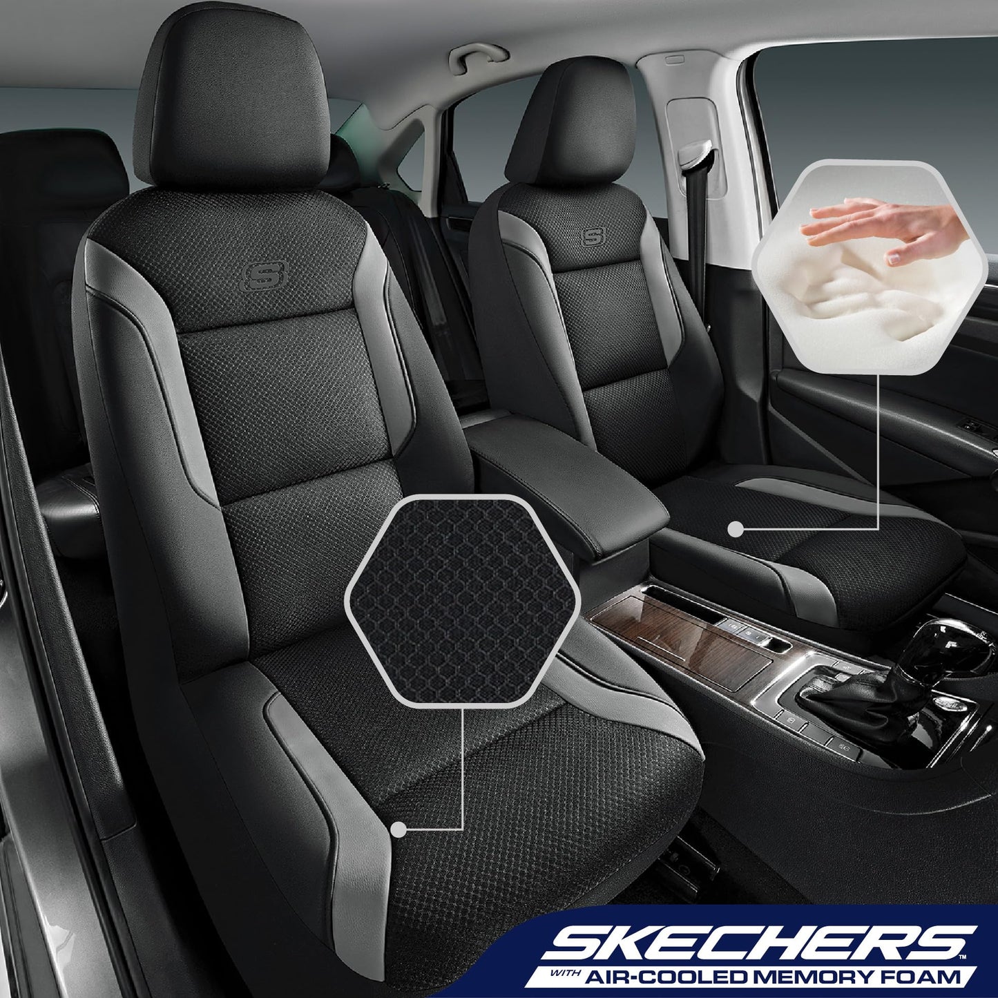 Skechers Memory Foam™ - Fundas gruesas de malla refrescante para asiento de vehículos, compatible con bolsas de aire, comodidad y protección para la mayoría de vehículos, juego completo color gris