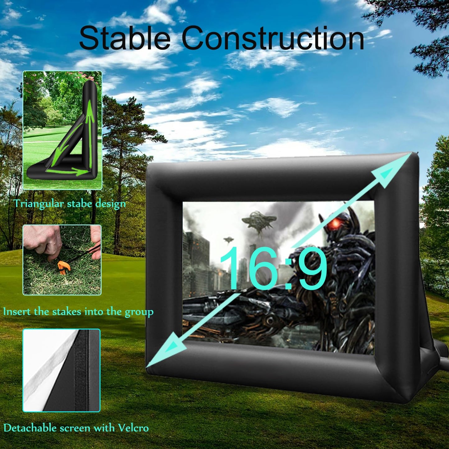 QILEBA Pantalla de cine, proyector inflable para interiores, exteriores, 6 m, portátil, soplador de aire, amarres, bolsa de almacenamiento, para patio trasero, alberca, fiesta, noches de cine (6 m)