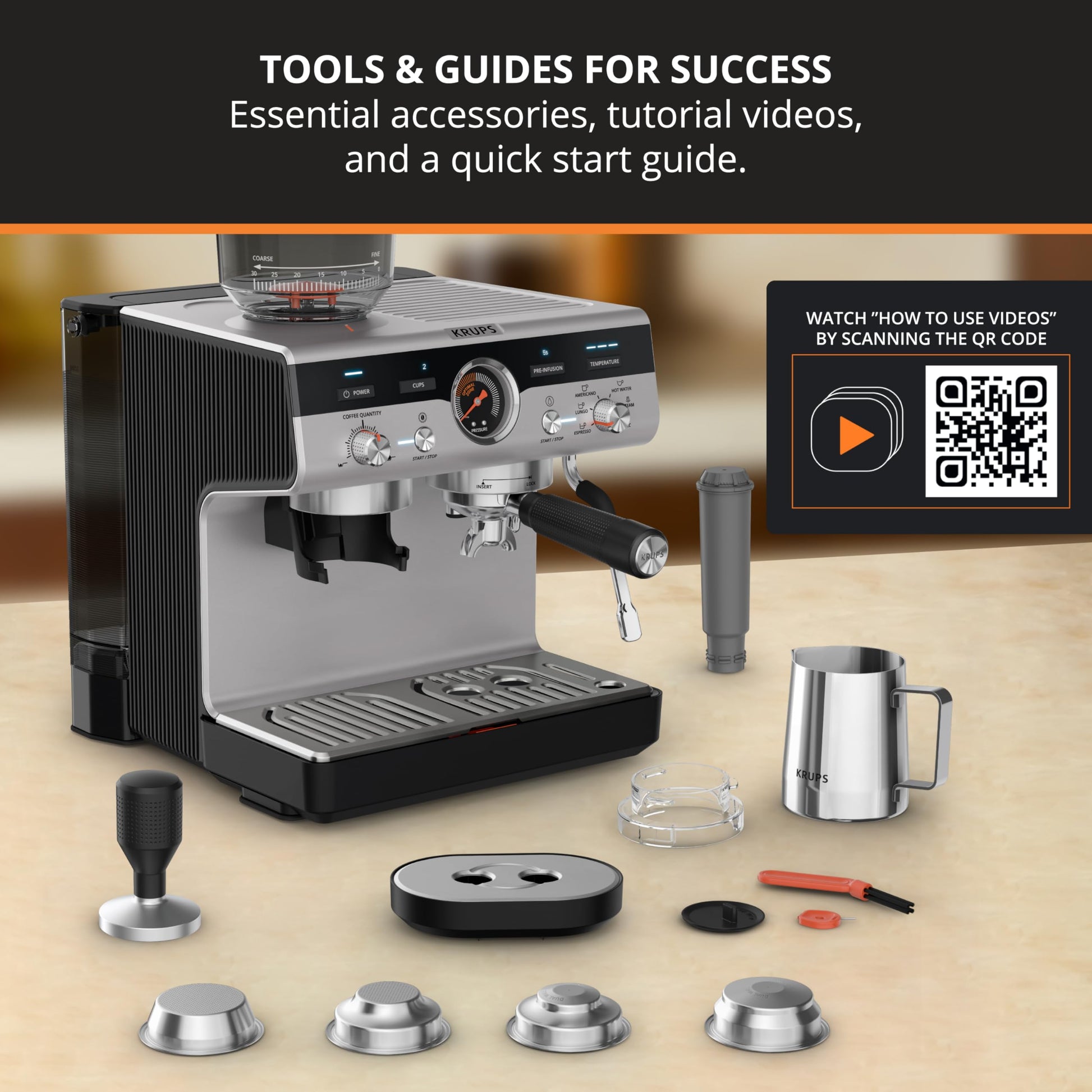Krups Maquina Espresso con Molino Integrado, 30 Niveles de Molido, 15 Bares de Presión, Varita de Vapor Profesional, Preinfusión y Temperatura Ajustable, XP801TU0
