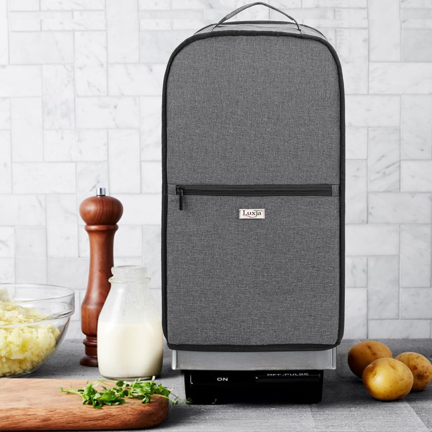 Luxja - Funda para procesador de alimentos compatible con Cuisinart y Hamilton Beach de 11 a 14 tazas, cubierta para el polvo del procesador de alimentos con bolsillos de accesorios, color gris