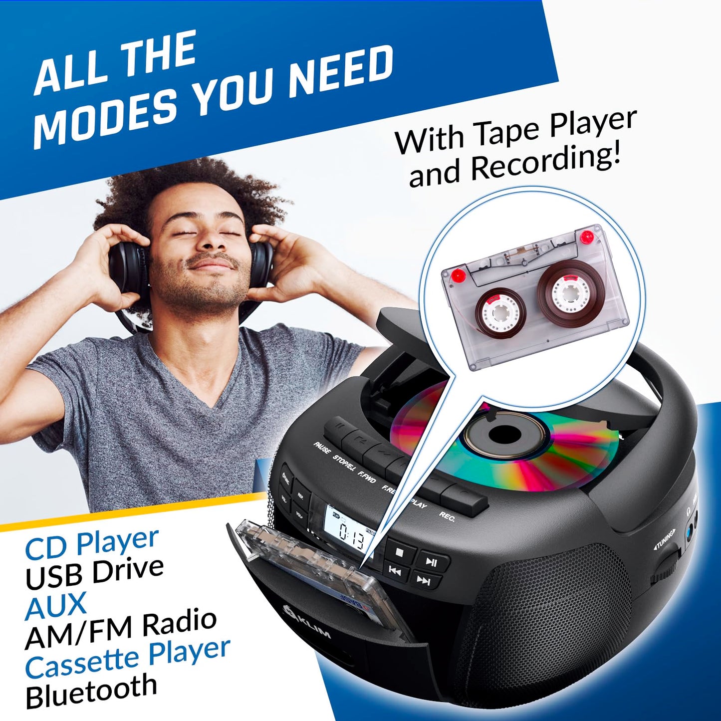 KLIM CD + reproductor de cinta de cassette, Bluetooth CD Boombox, radio AM/FM, sonido estéreo, control remoto, reproductor de CD y cassette, grabación de cinta, unidad USB, AUX