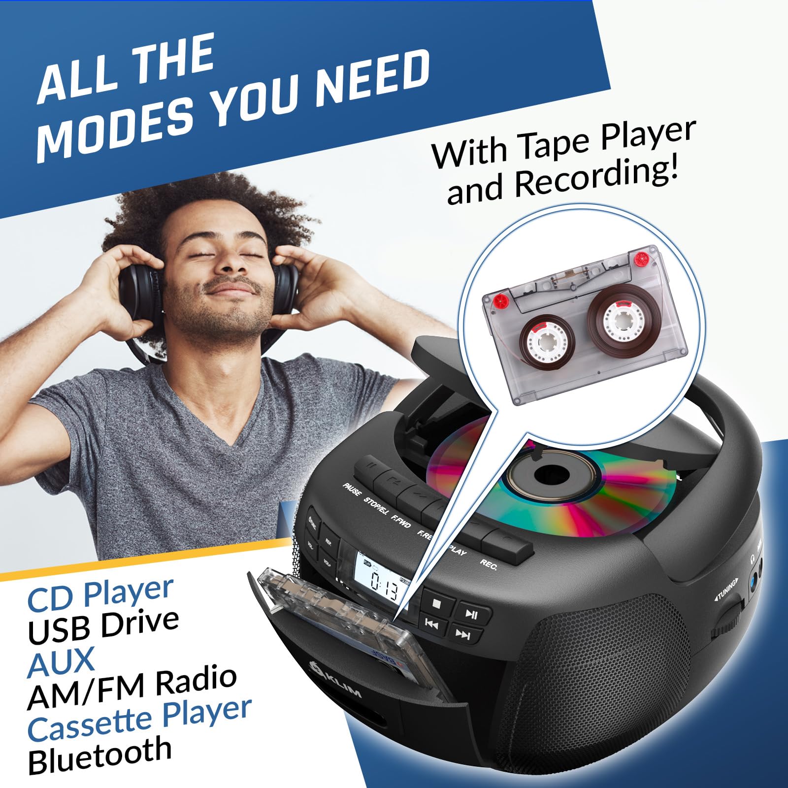 KLIM CD + reproductor de cinta de cassette, Bluetooth CD Boombox, radio AM/FM, sonido estéreo, control remoto, reproductor de CD y cassette, grabación de cinta, unidad USB, AUX