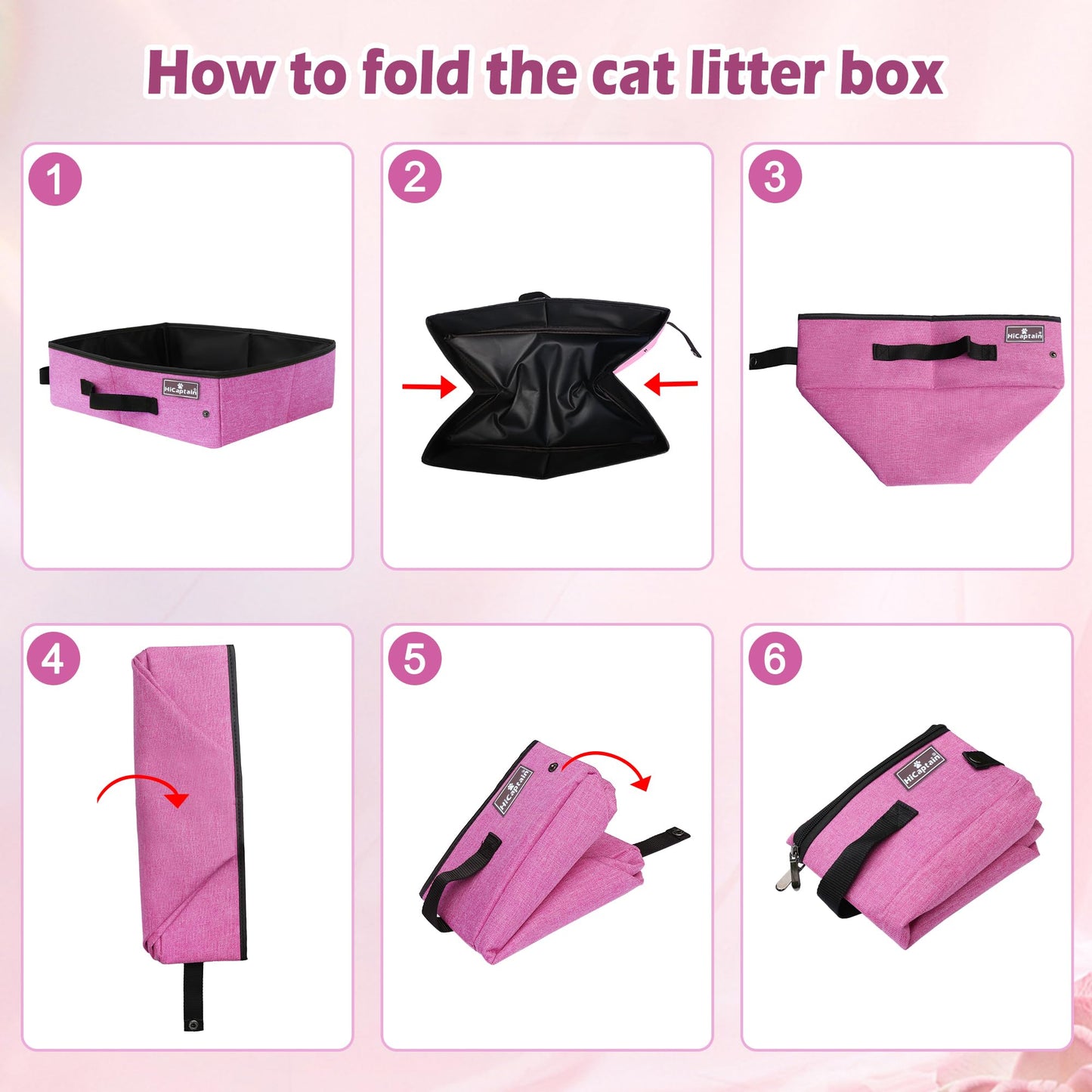 HiCaptain - Caja de arena portátil de viaje para gatos, caja de arena plegable a prueba de fugas para viajar en coche, bandeja plegable para gatos medianos, resistente, ligero y rosa
