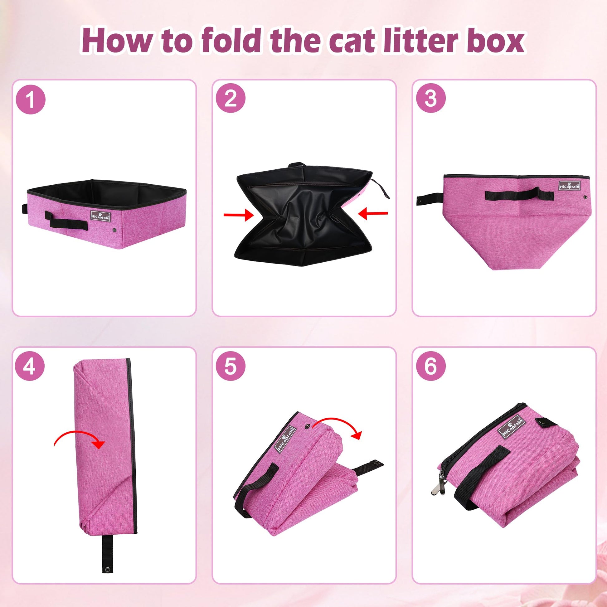 HiCaptain - Caja de arena portátil de viaje para gatos, caja de arena plegable a prueba de fugas para viajar en coche, bandeja plegable para gatos medianos, resistente, ligero y rosa