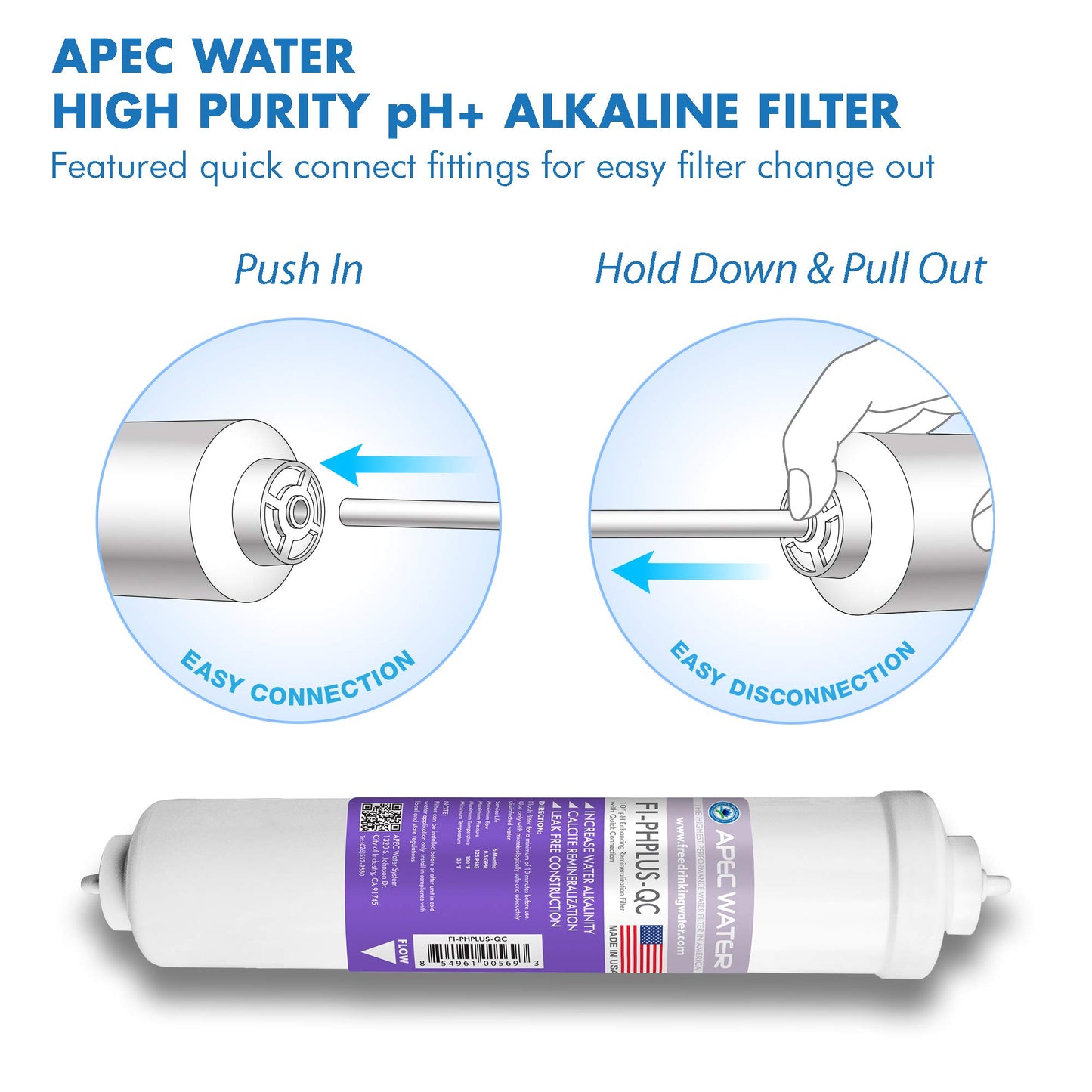 Kit de Filtro en Línea APEC PHPLUSKIT-14 Alcalino Alta Pureza pH + Carbonato de Calcio Conexión Rápida 1/4 Pulgadas Fabricado en EE. UU.