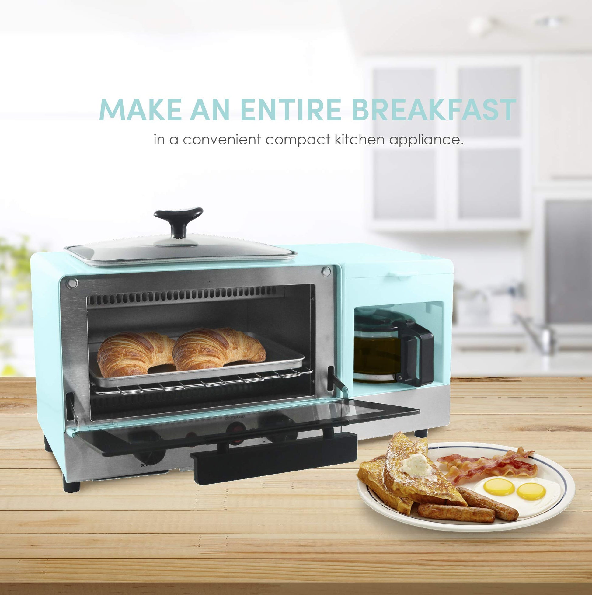 Elite Gourmet EBK8810BL# Americana 2 Slice, 9.5" Griddle with Glass Lid 3-in-1 Breakfast Center Station, 4-Cup Coffeemaker, Toaster Oven with 15-Min Timer, Heat Selector Mode, Blue