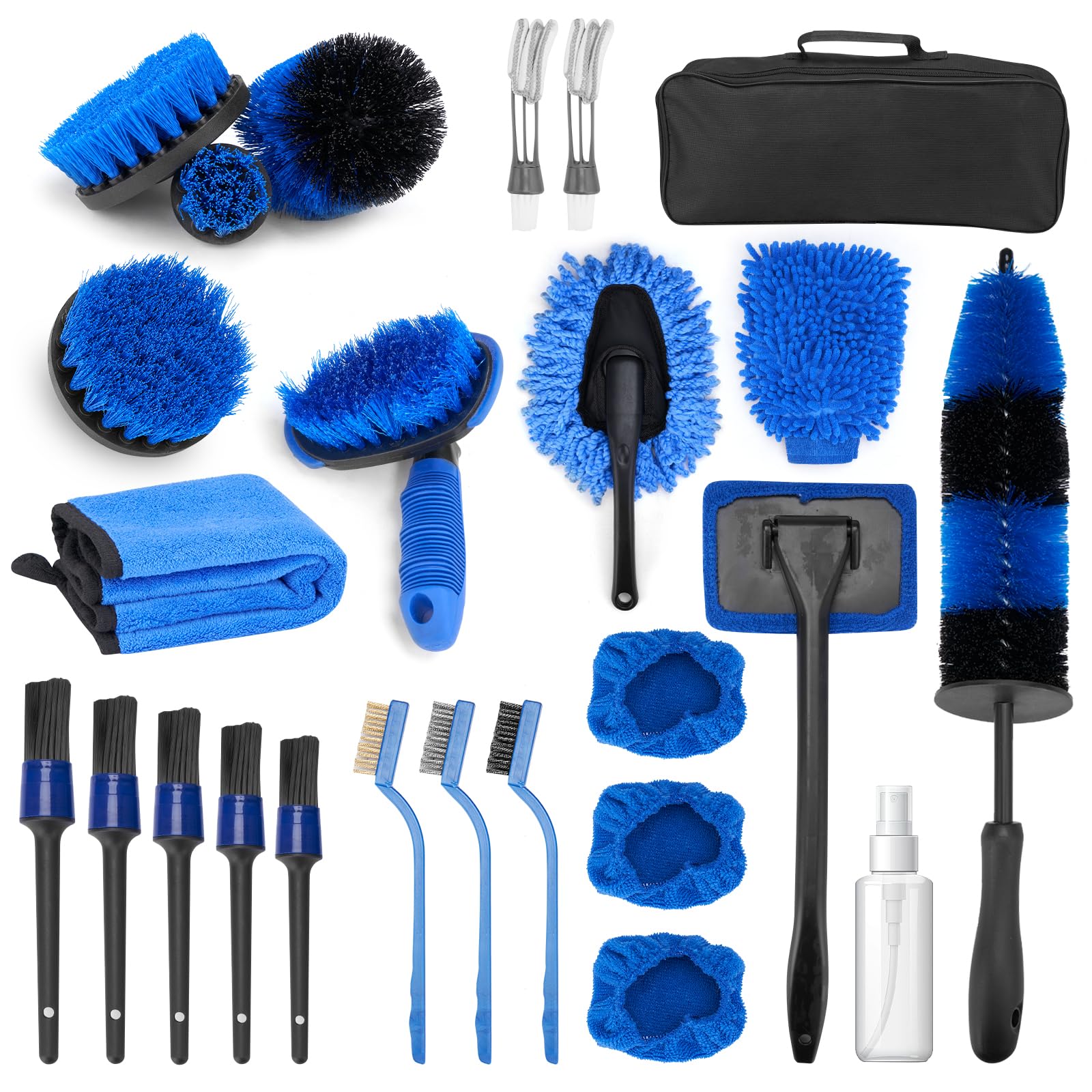 BLUEDREAMER Juego de cepillos de limpieza para coche de 26 piezas,Kit profesional para el cuidado del coche,Limpieza completa del coche,Adecuado para ruedas,Parabrisas,Interior,Asientos.