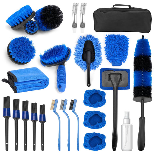 BLUEDREAMER Juego de cepillos de limpieza para coche de 26 piezas,Kit profesional para el cuidado del coche,Limpieza completa del coche,Adecuado para ruedas,Parabrisas,Interior,Asientos.