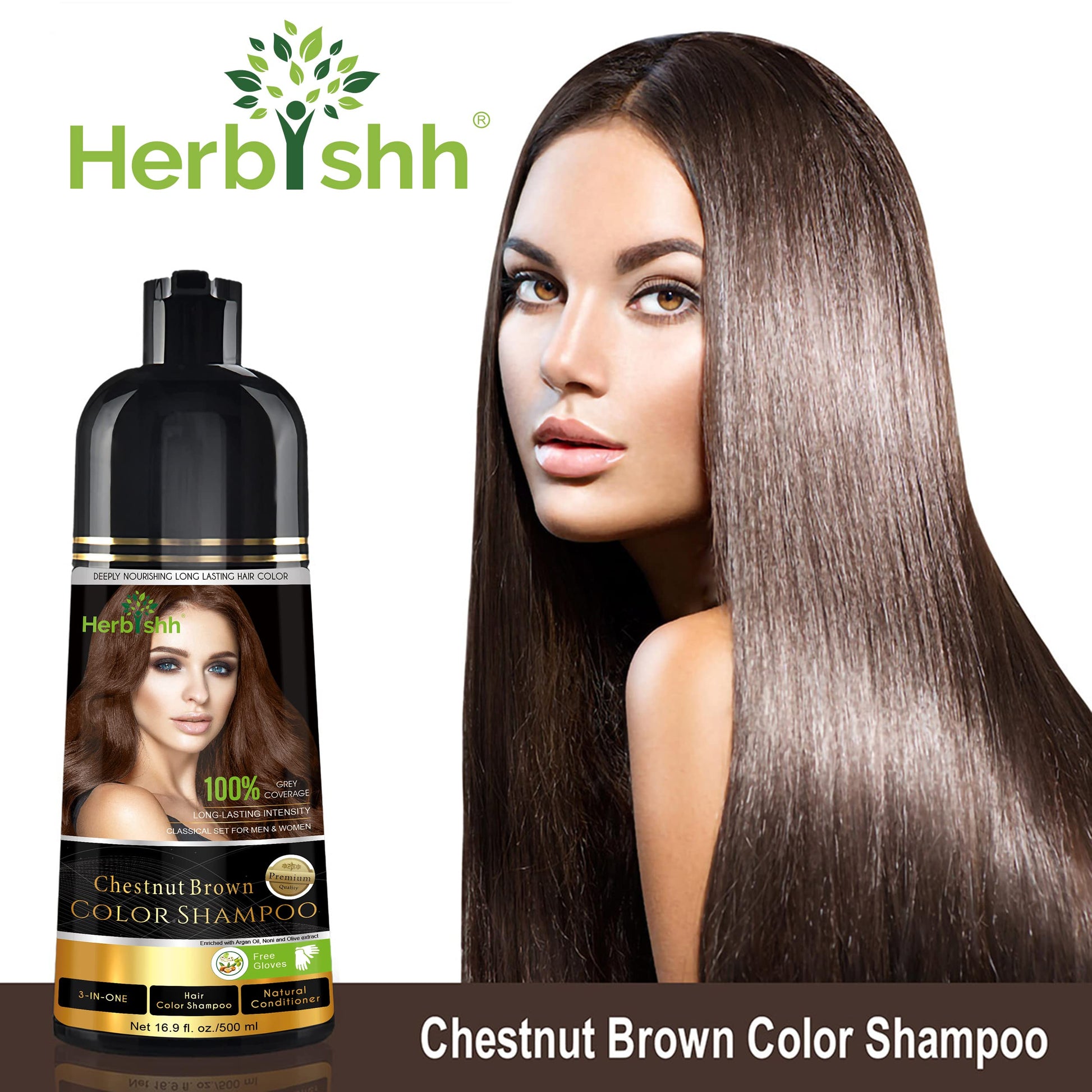 Herbishh - Champú colorante para cabello gris, champú con tinte natural para el cabello, colorea el cabello en minutos, dura hasta de 3 a 4 semanas, 500 ml, tinte de cabello 3 en 1, sin amoniaco | (marrón castaño)