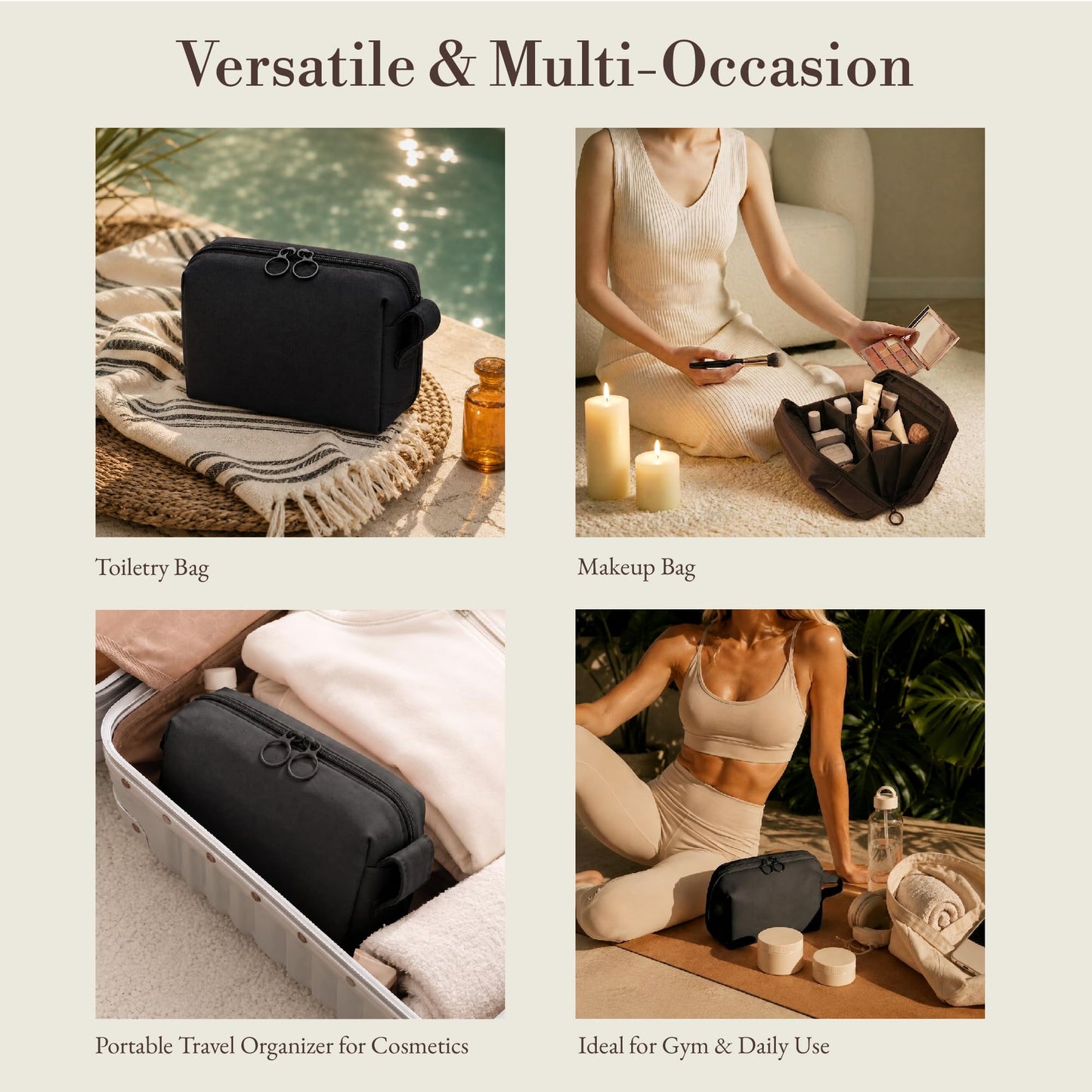 FINEASY - Bolsa de maquillaje para viajes, estuche de cosméticos mediano para mujer, gran capacidad, portátil, con cierre, organizador de cosméticos con compartimentos, Negro, Medium