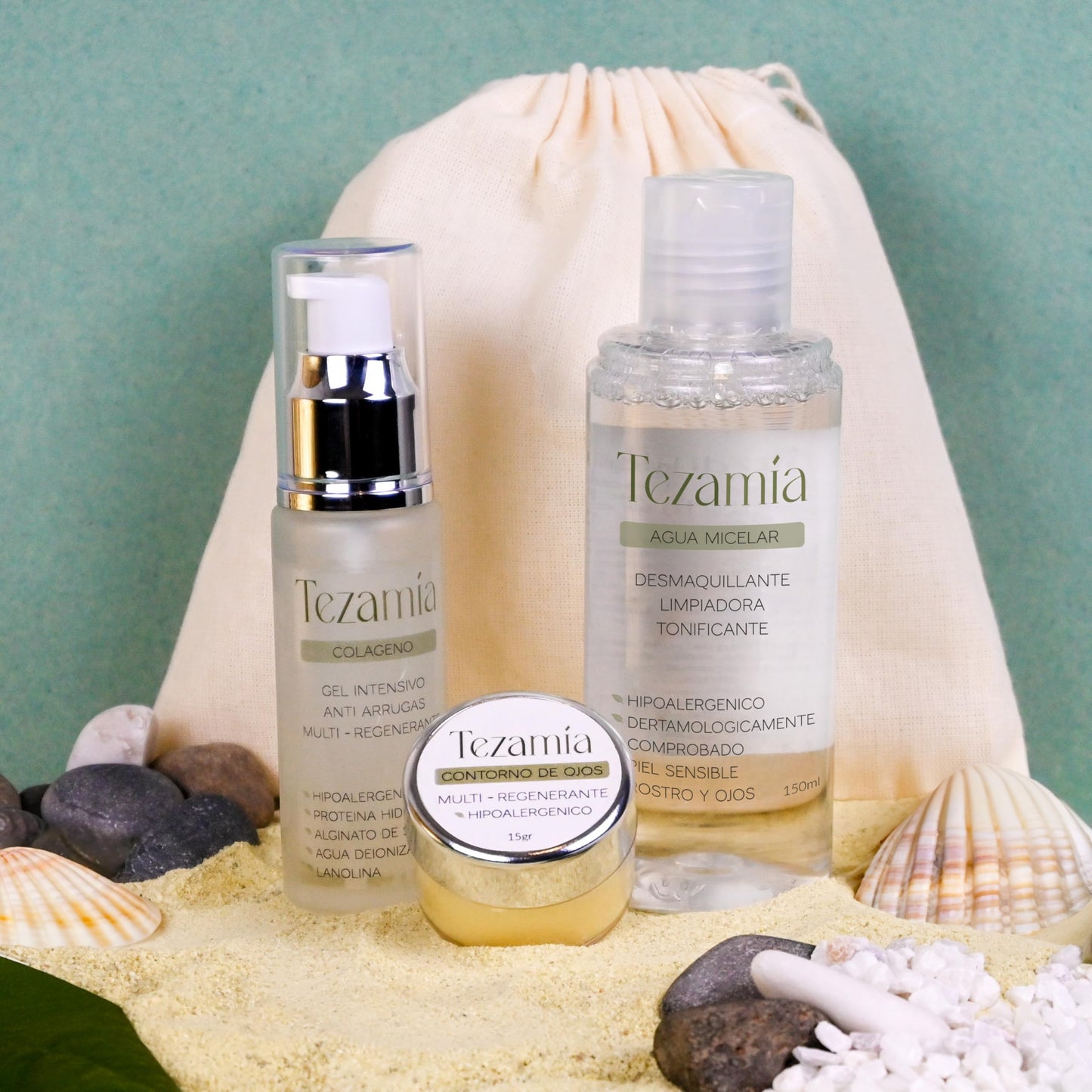 Tezamía | Kit de Belleza Completo - Rutina de Skincare con Contorno de Ojos, Agua Micelar y Sérum Antiarrugas con Colágeno - Hidratación, Limpieza y Reducción de Arrugas (3 Piezas)