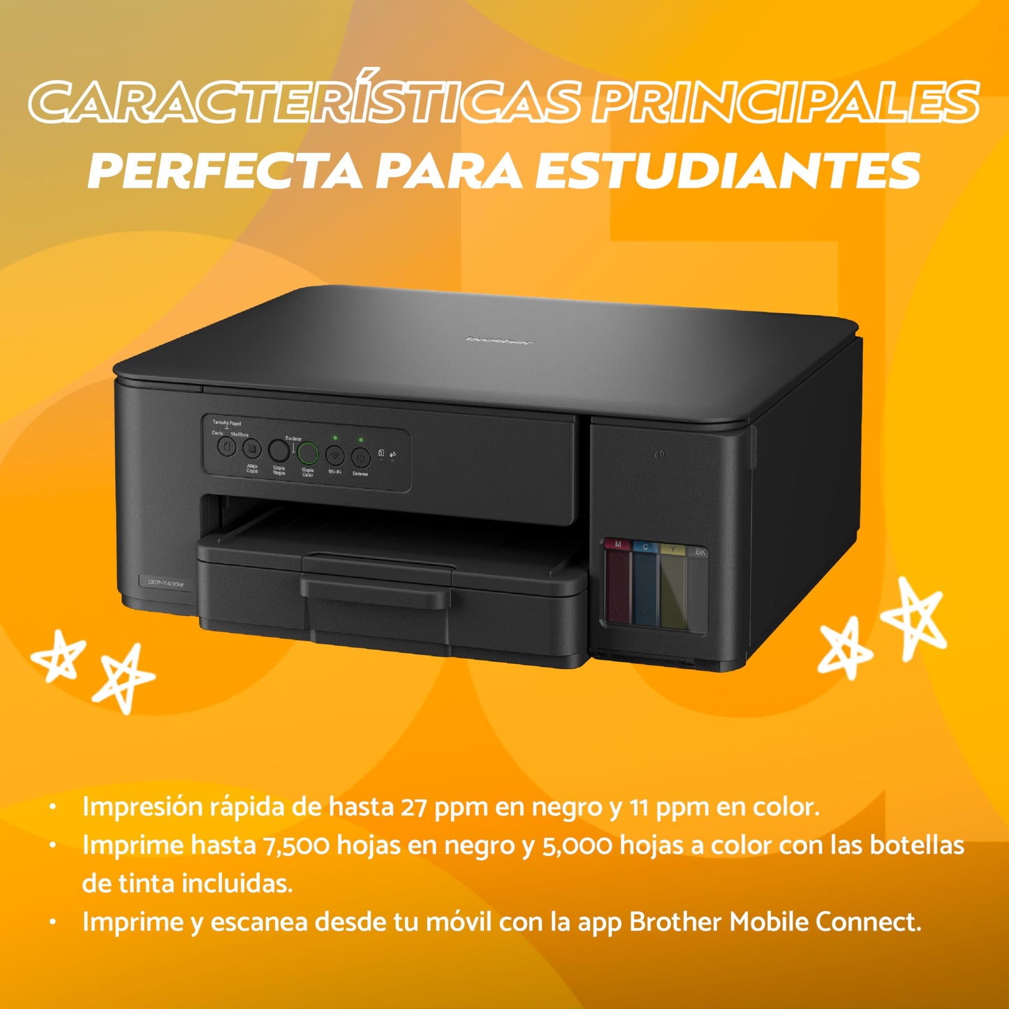 Brother Impresora Multifuncional 3 en 1 de Inyección de Tinta a Color DCPT430W | Tecnología InkBenefit Tank,Impresión Wi-Fi 5GHz,Tinta Recargable | Impresión 7,500 Págs.en Negro y 5,000 Págs.en Color