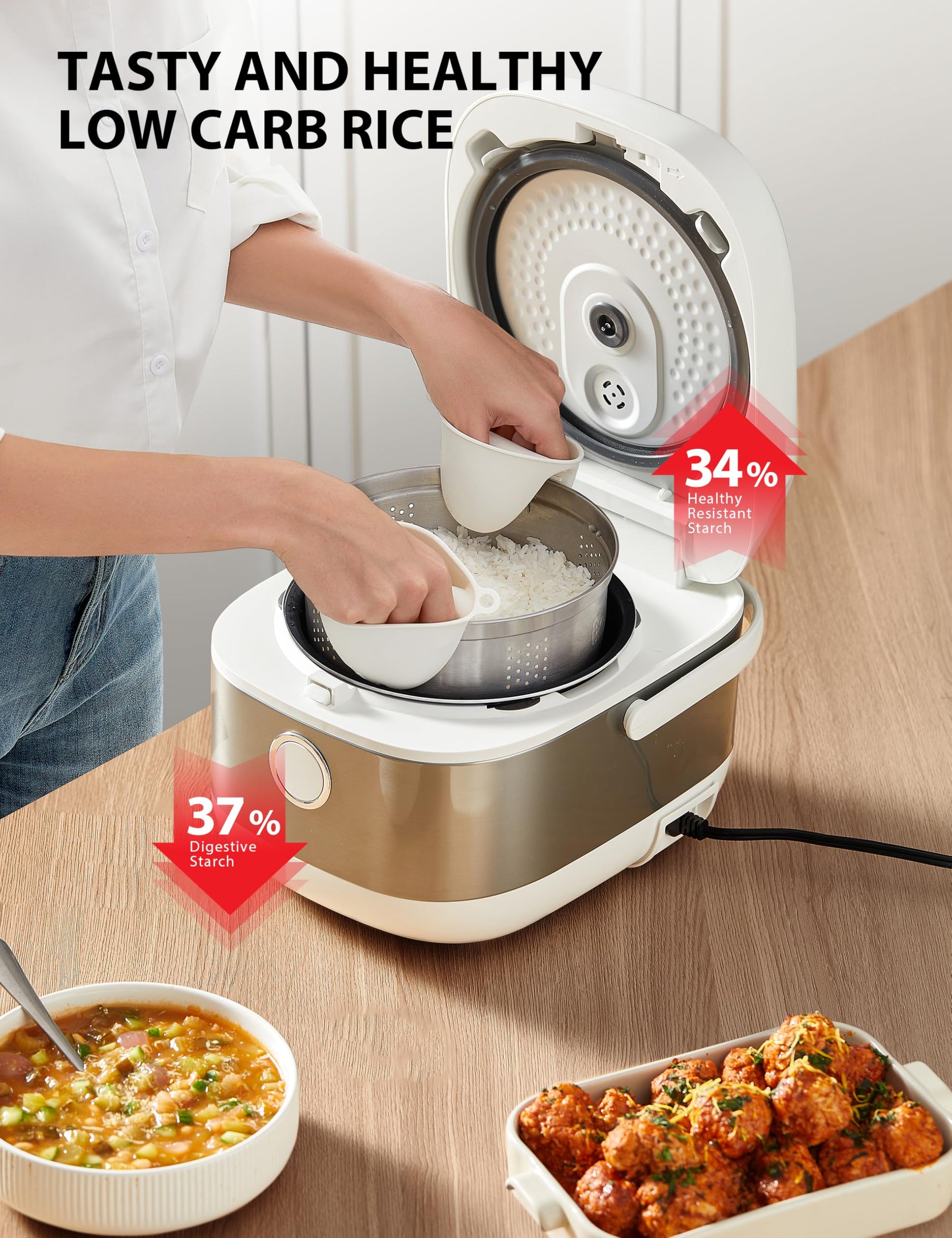 Olla de Arroz Toshiba Blanca con Calefacción por Inducción, Baja en Carbohidratos y Azúcar, Vaporizador Digital, 8 Funciones de Cocción, Temporizador de 24 Horas