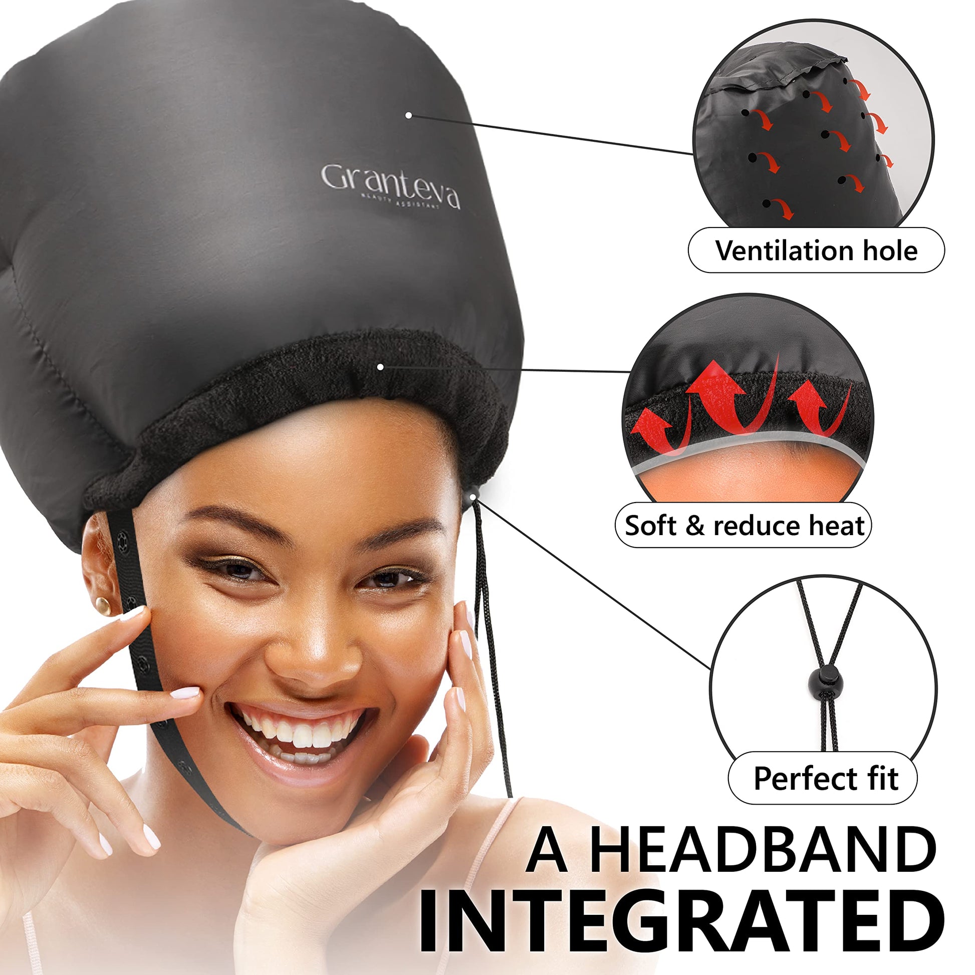 Bonnet Hood Hair Dryer Attachment by Granteva - Relax, Speeds Up Drying Time at Home, Easy to Use for Styling, Curling and Deep Conditioning - Soft, A