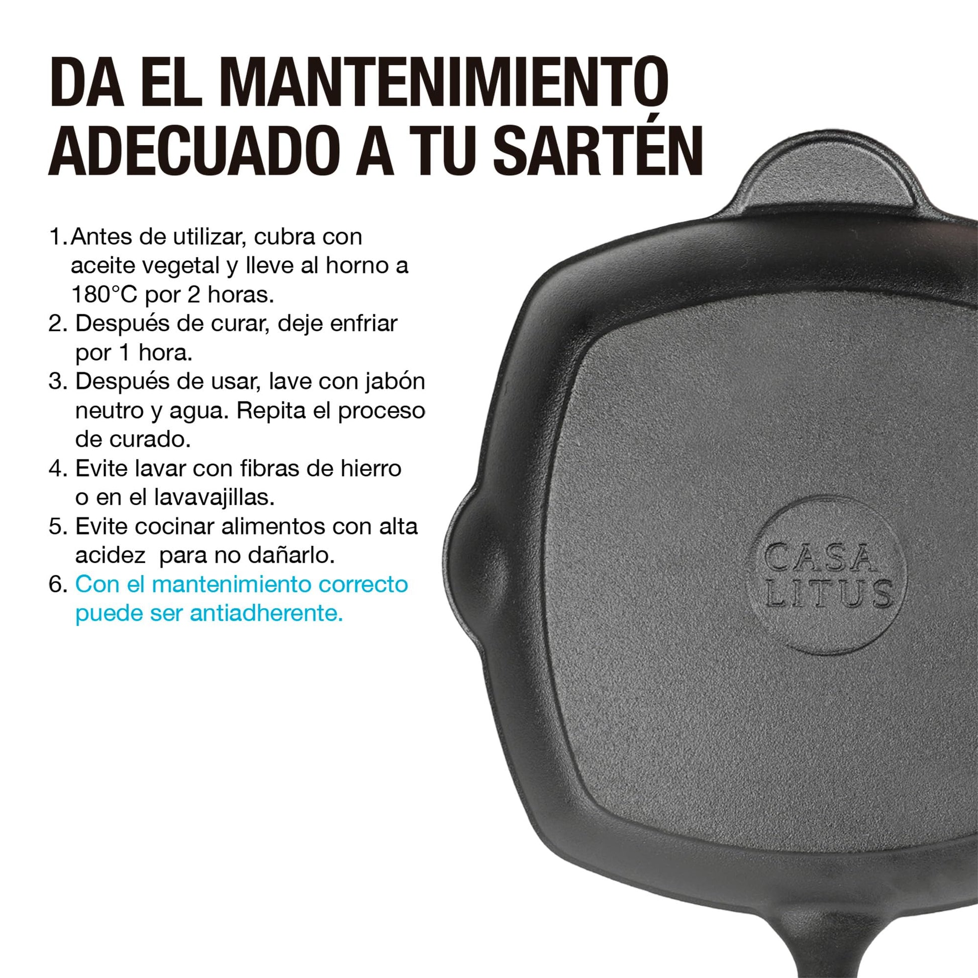 CASA LITUS Sartén de Hierro Fundido Precurado tipo Parrilla Extra Grande (2 Litros), Plancha para Asar con Superficie Acanalada, Mango y Vertederos Laterales, para Estufa de Gas, Horno o Fuego Directo