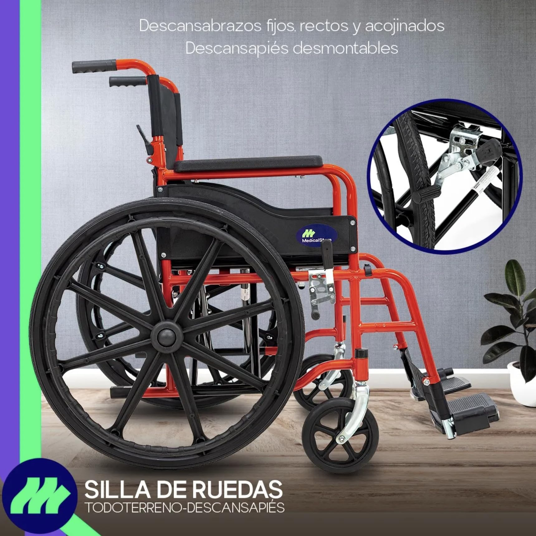 Silla De Ruedas MEDICAL STORE Rojo Todo Terreno Plegable para Adulto Mayor