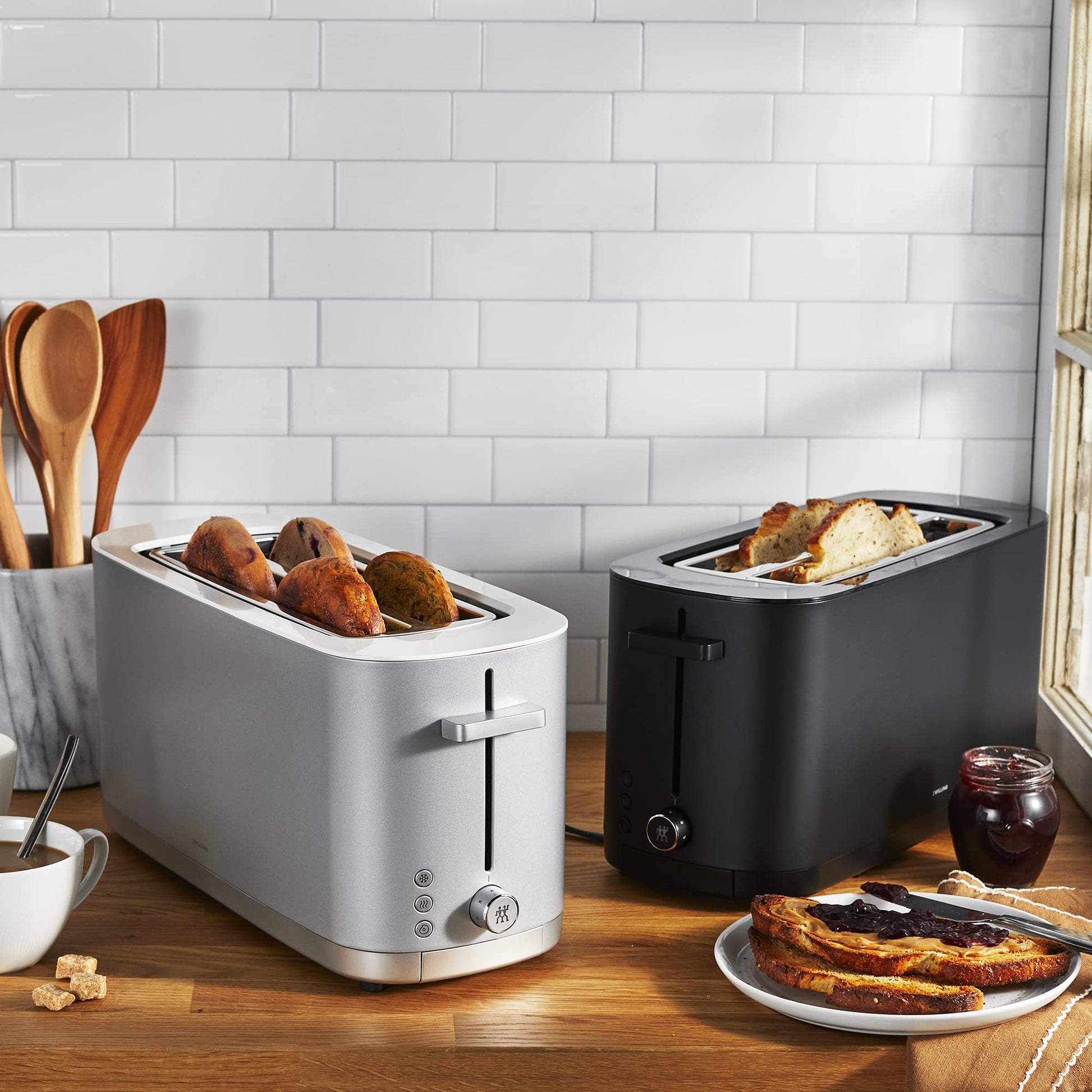 ZWILLING Enfinigy 2 tostadoras de ranura larga, 4 rebanadas con ranuras extra anchas de 1.5 pulgadas para bagels, 7 ajustes de tostada, incluso tostado, recalentamiento, cancelación, descongelación,