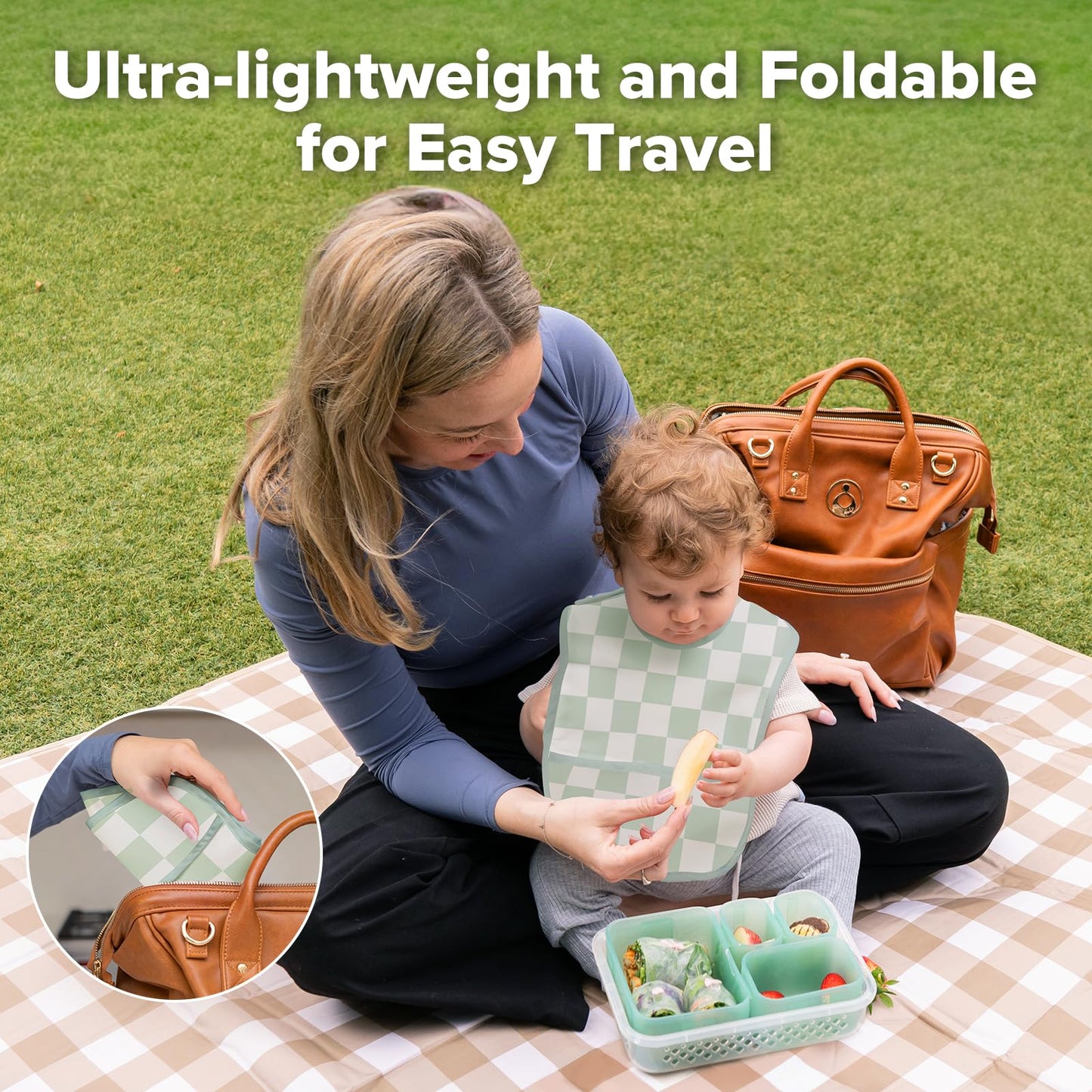haakaa Baberos a prueba de desorden para comer, ultraligeros e impermeables con bolsillo para alimentos, lavable a máquina, ajuste ajustable para 6 a 24 meses, paquete de 2, Dino Land + días a cuadros