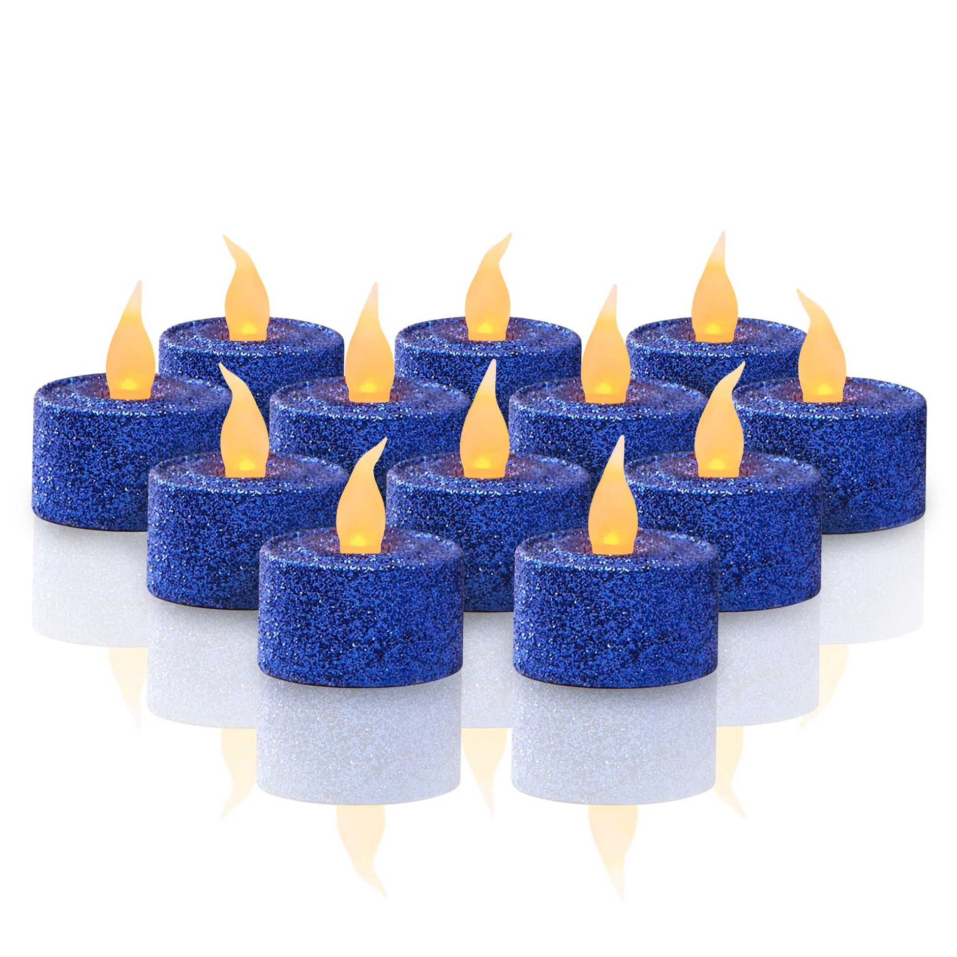 FURORA LIGHTING - Velas LED con purpurina azul real, paquete de 12, velas parpadeantes sin llama para decoración del hogar, 1.5 pulgadas de ancho x 1.65 pulgadas de alto, funciona con pilas