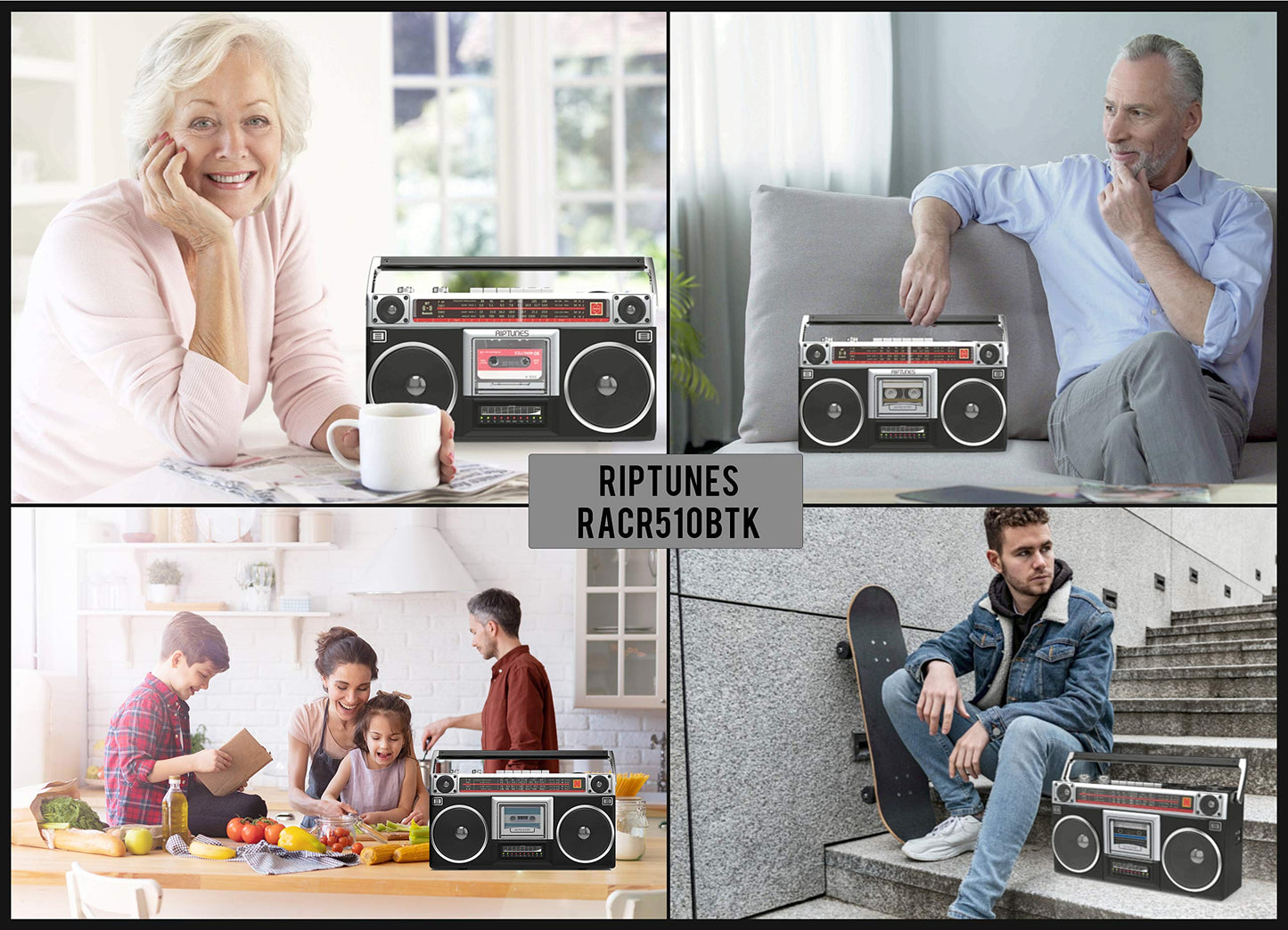 Boombox Riptunes Negro Estilo Clásico con Reproductor de Cassette y Radio AM/FM para Hombre