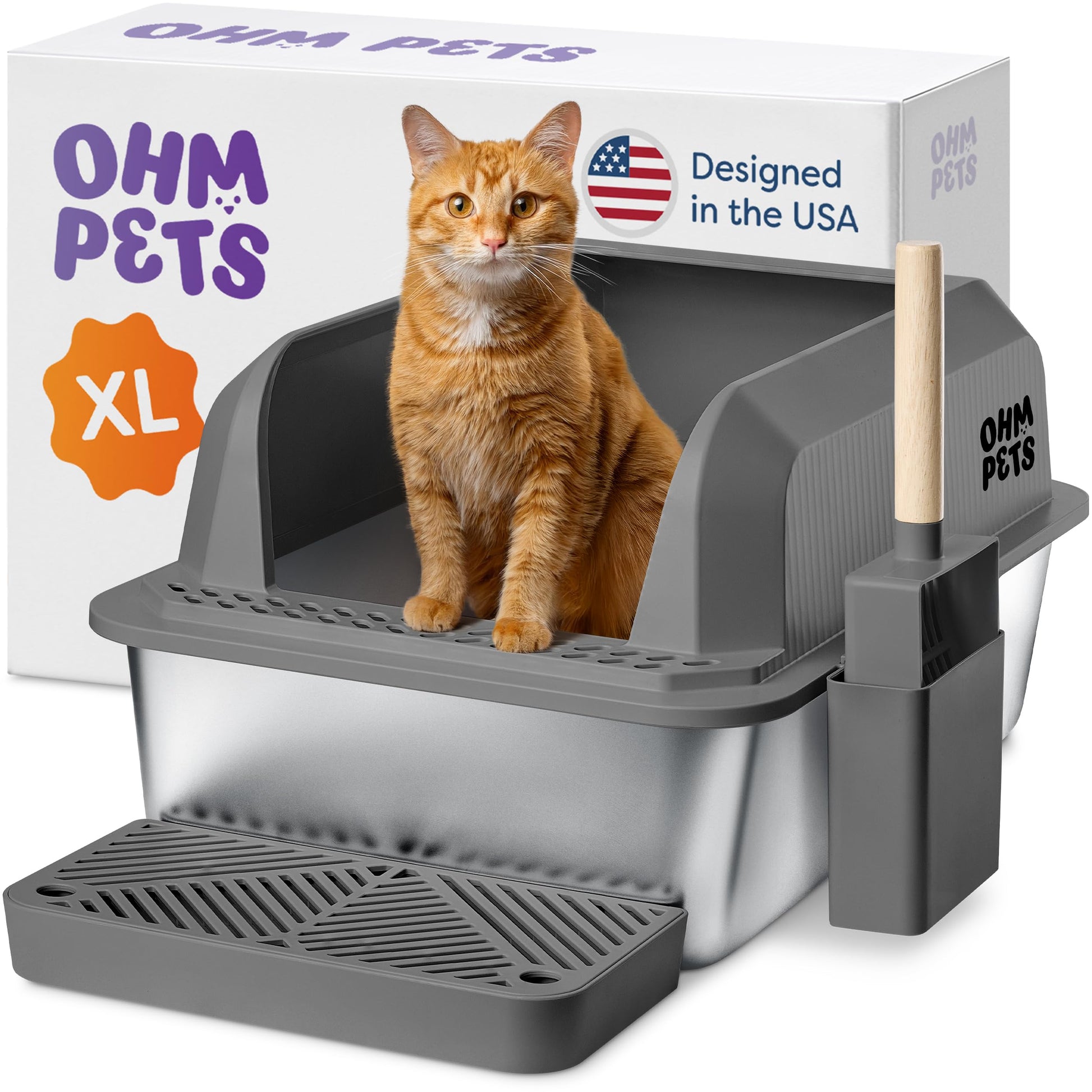 Caja de arena para gatos de acero inoxidable, extragrande