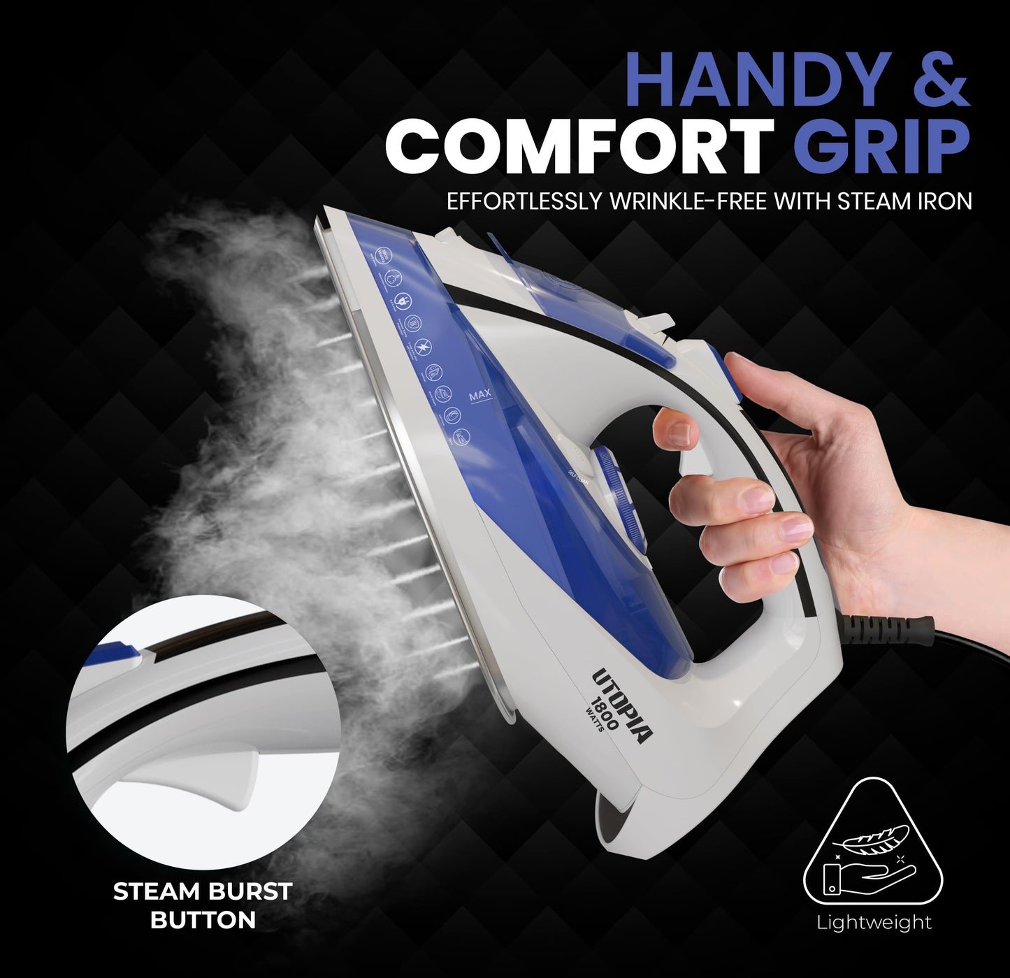 Plancha de Vapor Utopia Home Blanca con Suela Antiadherente y Termostato Ajustable