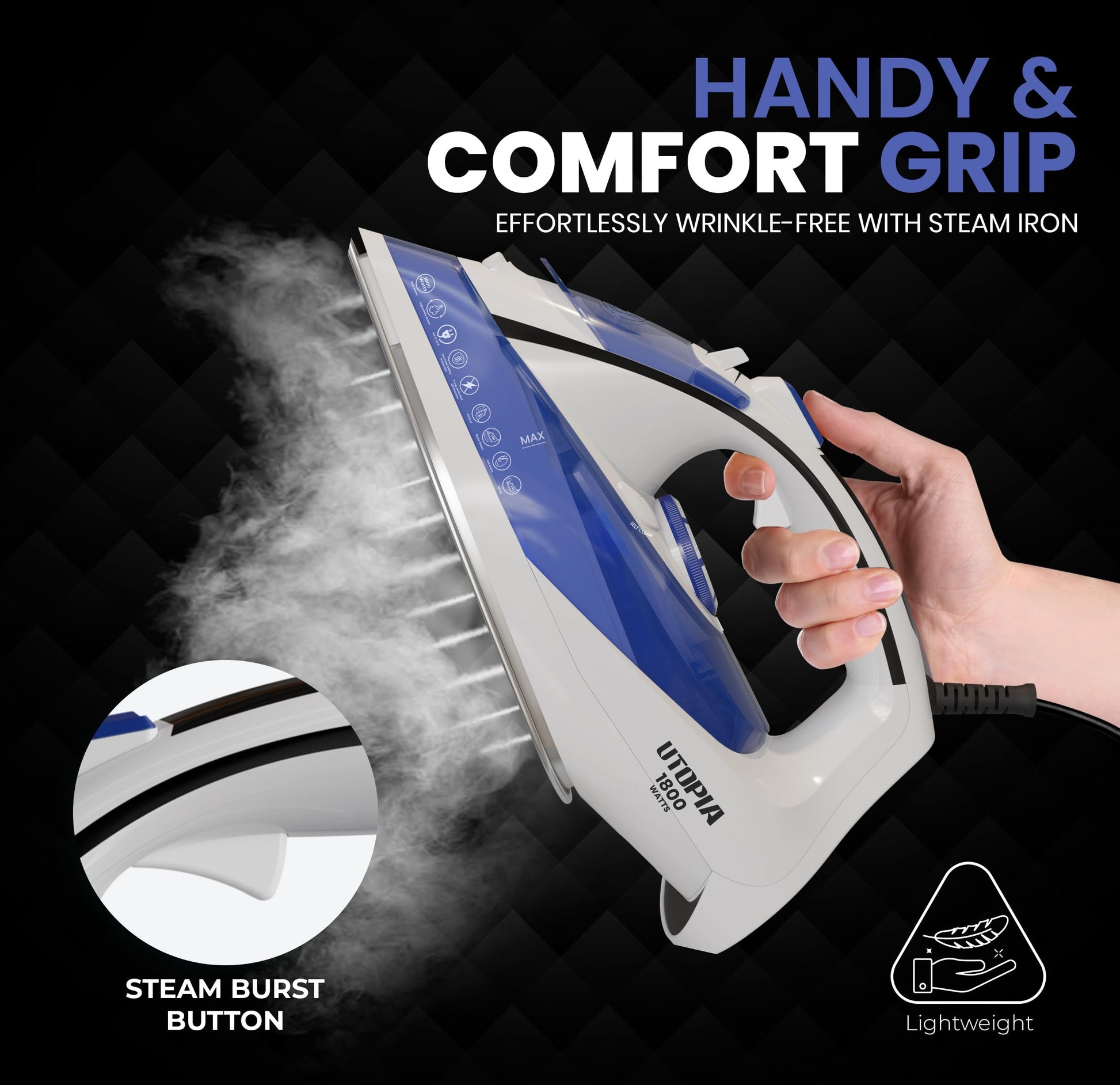 Plancha de Vapor Utopia Home Blanca con Suela Antiadherente y Termostato Ajustable