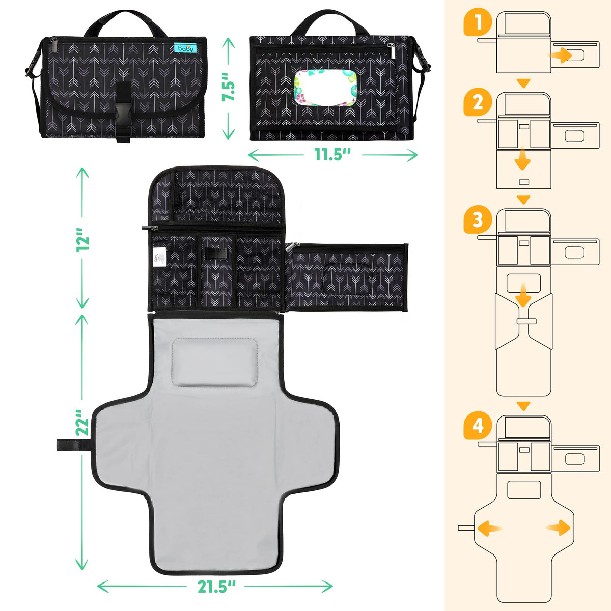 Kopi Baby - Cambiador de pañales portátil para bebé, bolsa de viaje con bolsillo para toallitas, tapete cambiador portátil de diseño inteligente, kit de estación de viaje para bebés, regalo para niñas