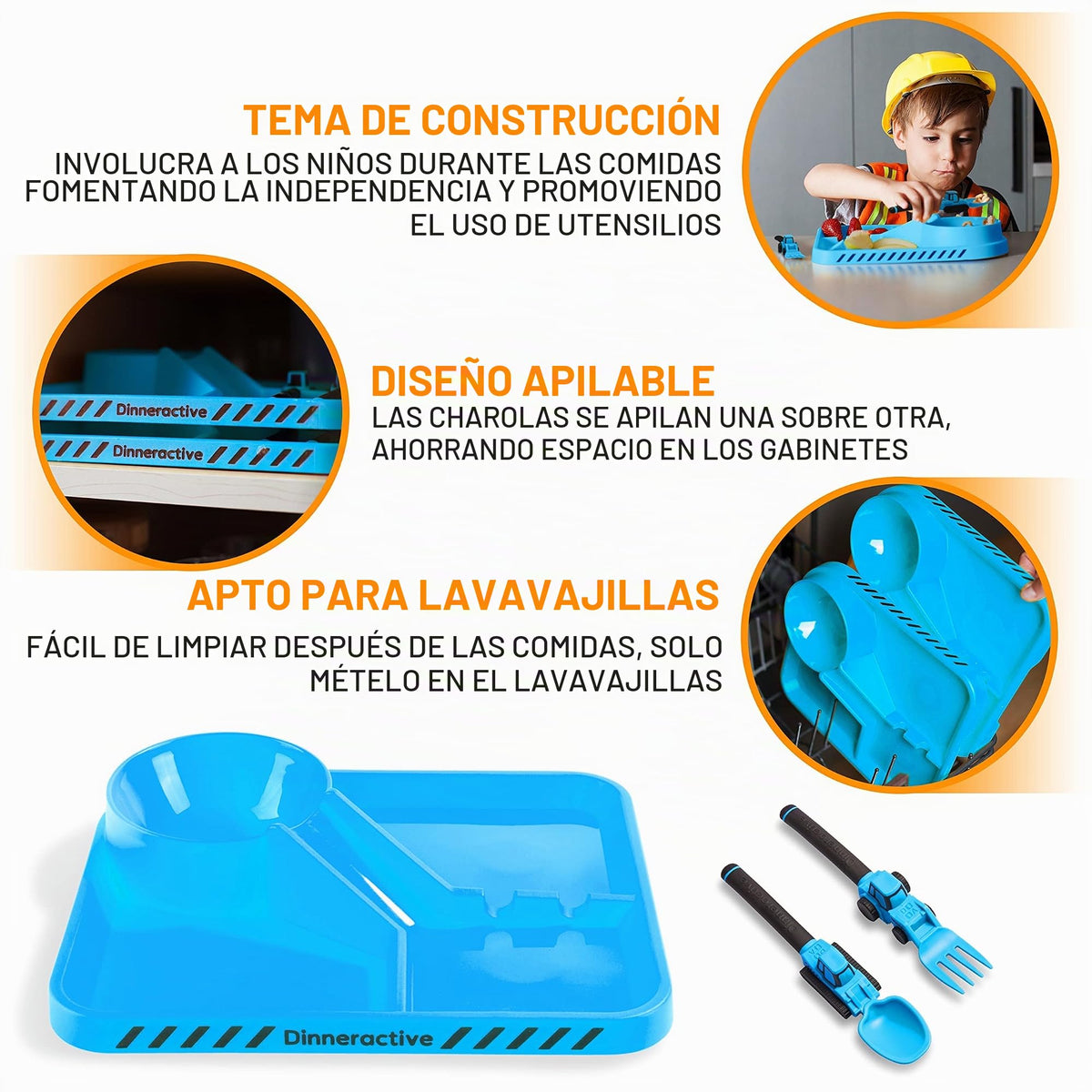 Dinneractive - Juego de comedor para niños, 3 piezas con temática de construcción para niños y platos, tenedores y cucharas