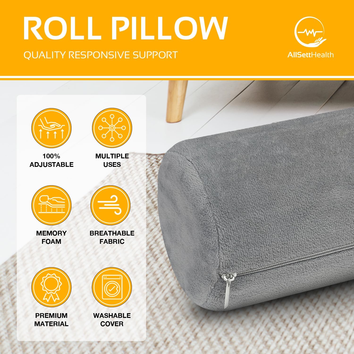 AllSett Health - Almohada de Espuma viscoelástica para Cuello Cervical, Refuerzo, Soporte de Cuello Redondo para Dormir | Almohada para Cama, piernas, Espalda y Yoga