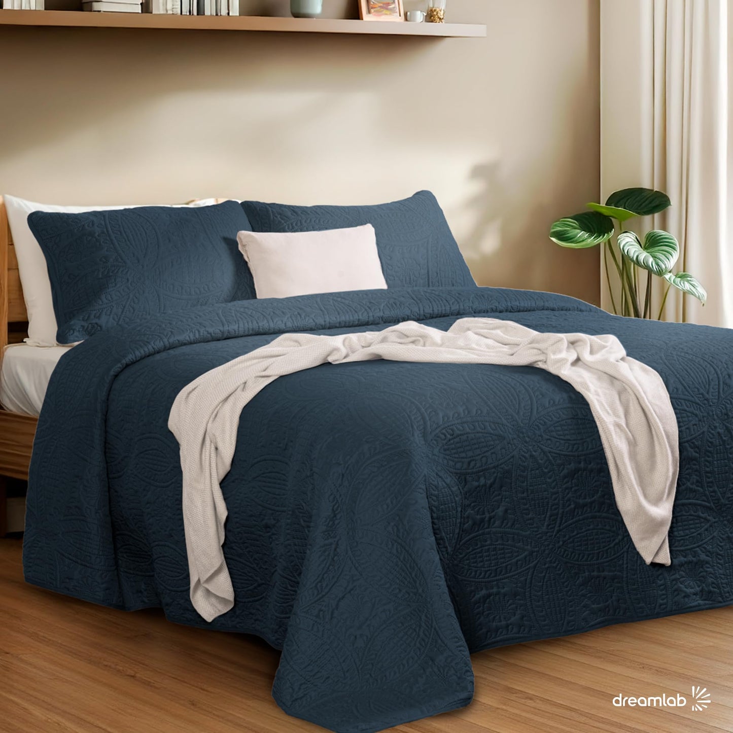 Colcha Dreamlab Azul Noche Capitonado Ultra Suave King Size con 2 Fundas de Almohada Hipoalergénico