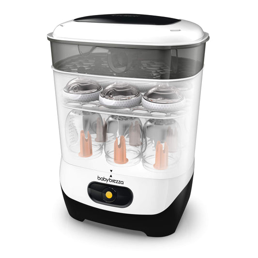 Baby Brezza Máquina esterilizadora de biberones 4 en 1, esterilización de vapor eléctrica de mayor capacidad, chupetes, piezas de extractor de leche + esterilización universal para todos los biberones: plástico, vidrio, grande, pequeño