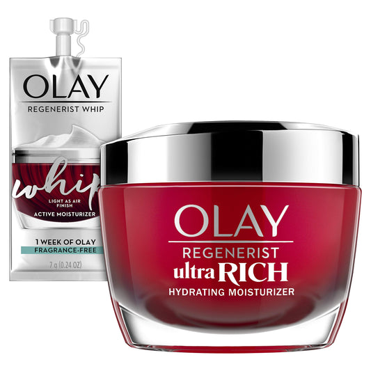 Olay Regenerist Ultra Rich Face Moisturizer with Vitamin B3+, Amino Peptide & Shea Butter, 1.7 Oz + Whip Face Moisturizer Travel/Trial Size Gift Set