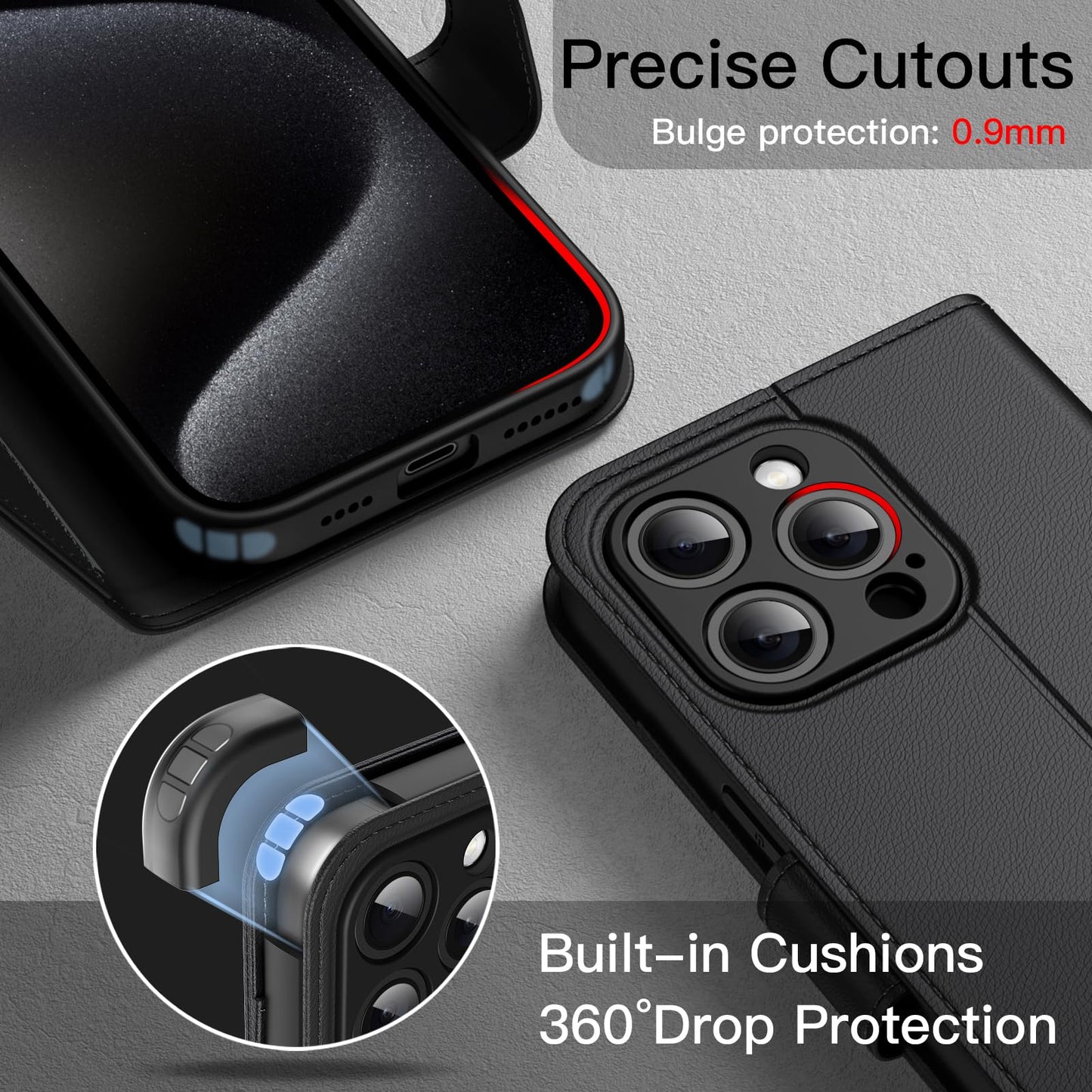 JETech Funda Billetera para iPhone 15 Pro MAX 6.7 Pulgadas, Carcasa Flip Magnética de Cuero PU Antigolpes con Tarjetero, Función de Soporte y Protección Completa Cámara (Titanio Negro)
