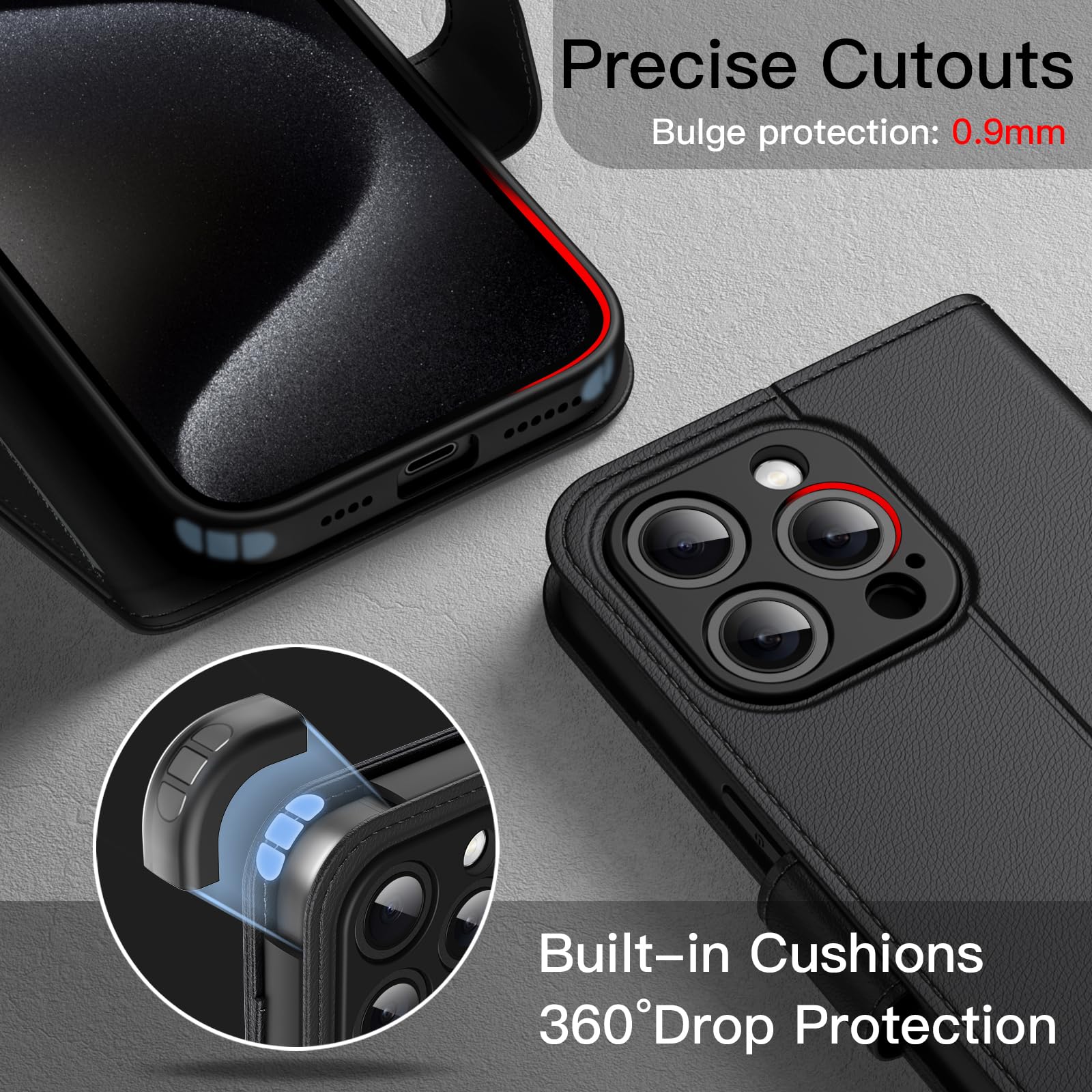 JETech Funda Billetera para iPhone 15 Pro MAX 6.7 Pulgadas, Carcasa Flip Magnética de Cuero PU Antigolpes con Tarjetero, Función de Soporte y Protección Completa Cámara (Titanio Negro)