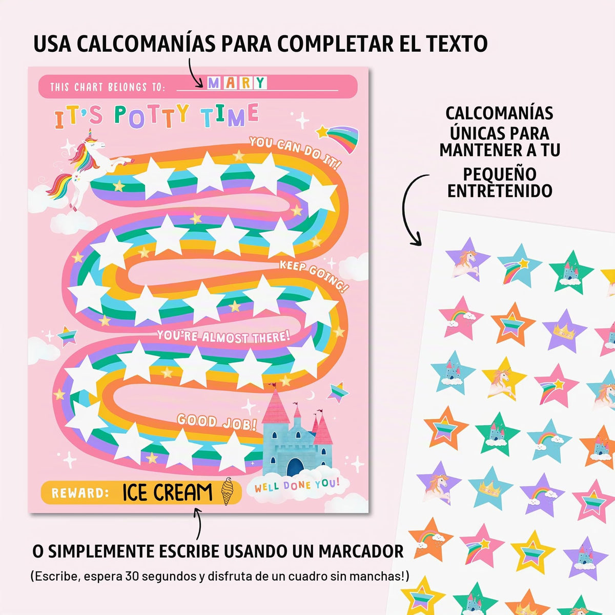 Tabla de recompensas para entrenamiento en el uso del potty para niños - Unicornios y castillos x 10 piezas - Tabla de entrenamiento en el uso del potty para niñas - Calendario de rutina - Tablero de