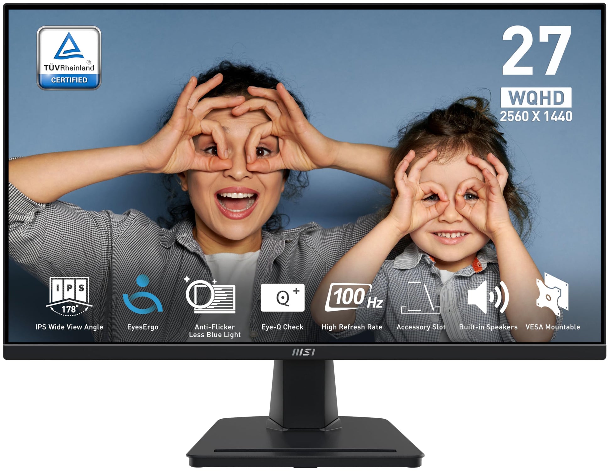 MSI PRO MP275Q Monitor de oficina WQHD de 27 pulgadas, panel IPS de 2560 x 1440, 100 Hz, visualización amigable con los ojos, altavoces integrados, inclinación ajustable - HDMI 2.0b, DP (1.2a)