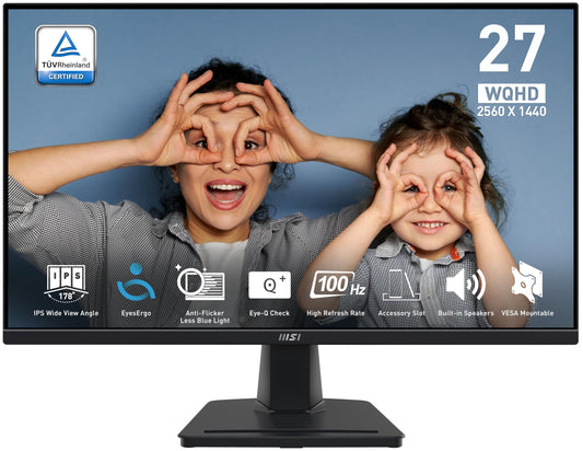MSI PRO MP275Q Monitor de oficina WQHD de 27 pulgadas, panel IPS de 2560 x 1440, 100 Hz, visualización amigable con los ojos, altavoces integrados, inclinación ajustable - HDMI 2.0b, DP (1.2a)