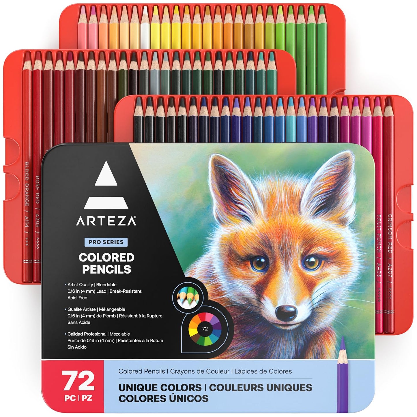 Arteza Lápices de colores profesionales para adultos y niños, Juego de 72, Estuche portátil de latón, minas resistentes a las roturas, Lápices para colorear, dibujar y sombrear