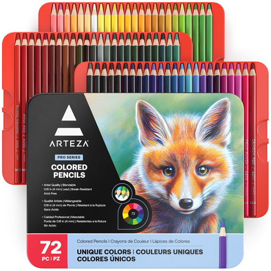 Arteza Lápices de colores profesionales para adultos y niños, Juego de 72, Estuche portátil de latón, minas resistentes a las roturas, Lápices para colorear, dibujar y sombrear