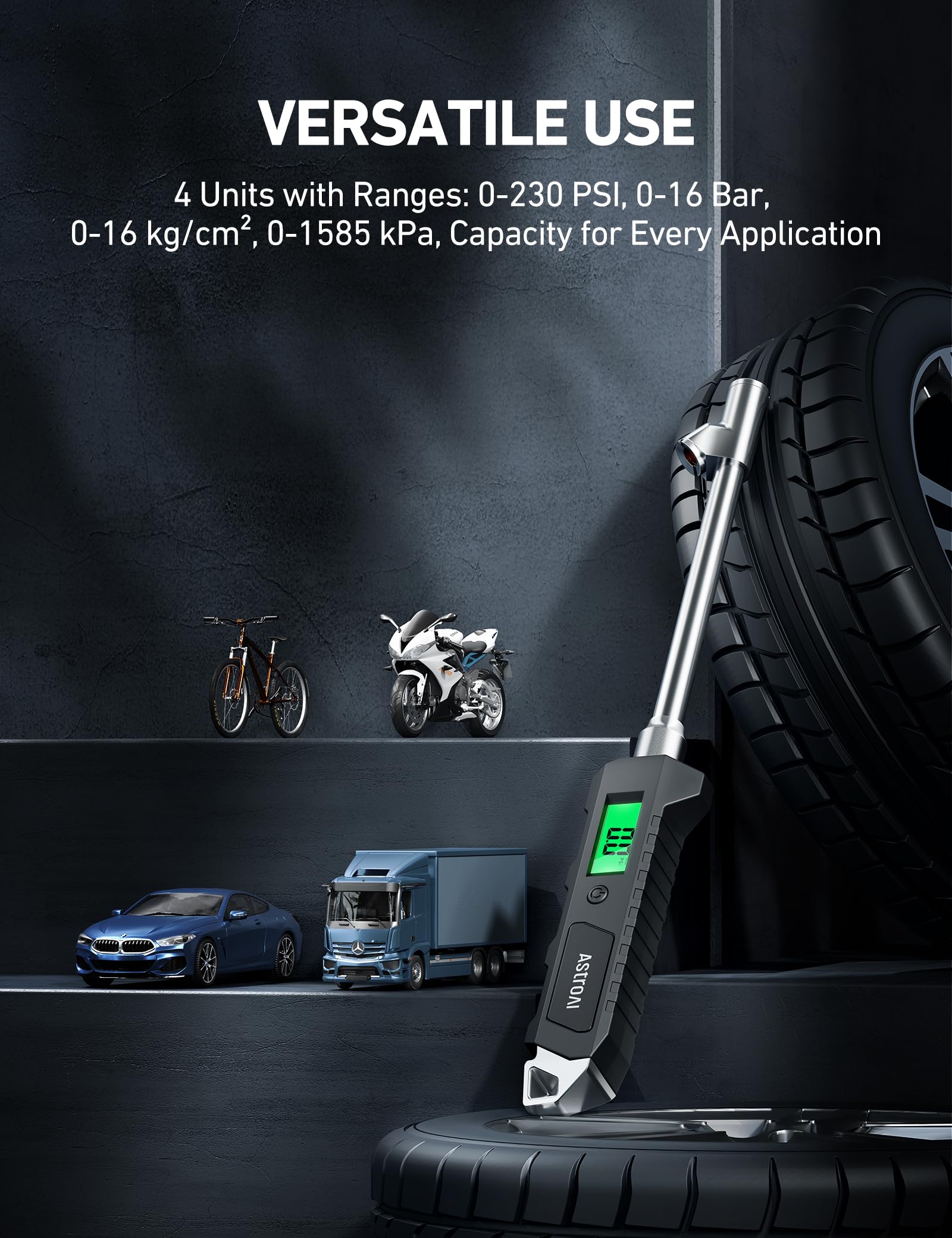 AstroAI Medidor de Presión para Llantas Camiones, Caravanas SUV, Furgonetas, Manómetro Digital de Presión Aire con Doble Rosca, Luz, 230PSI
